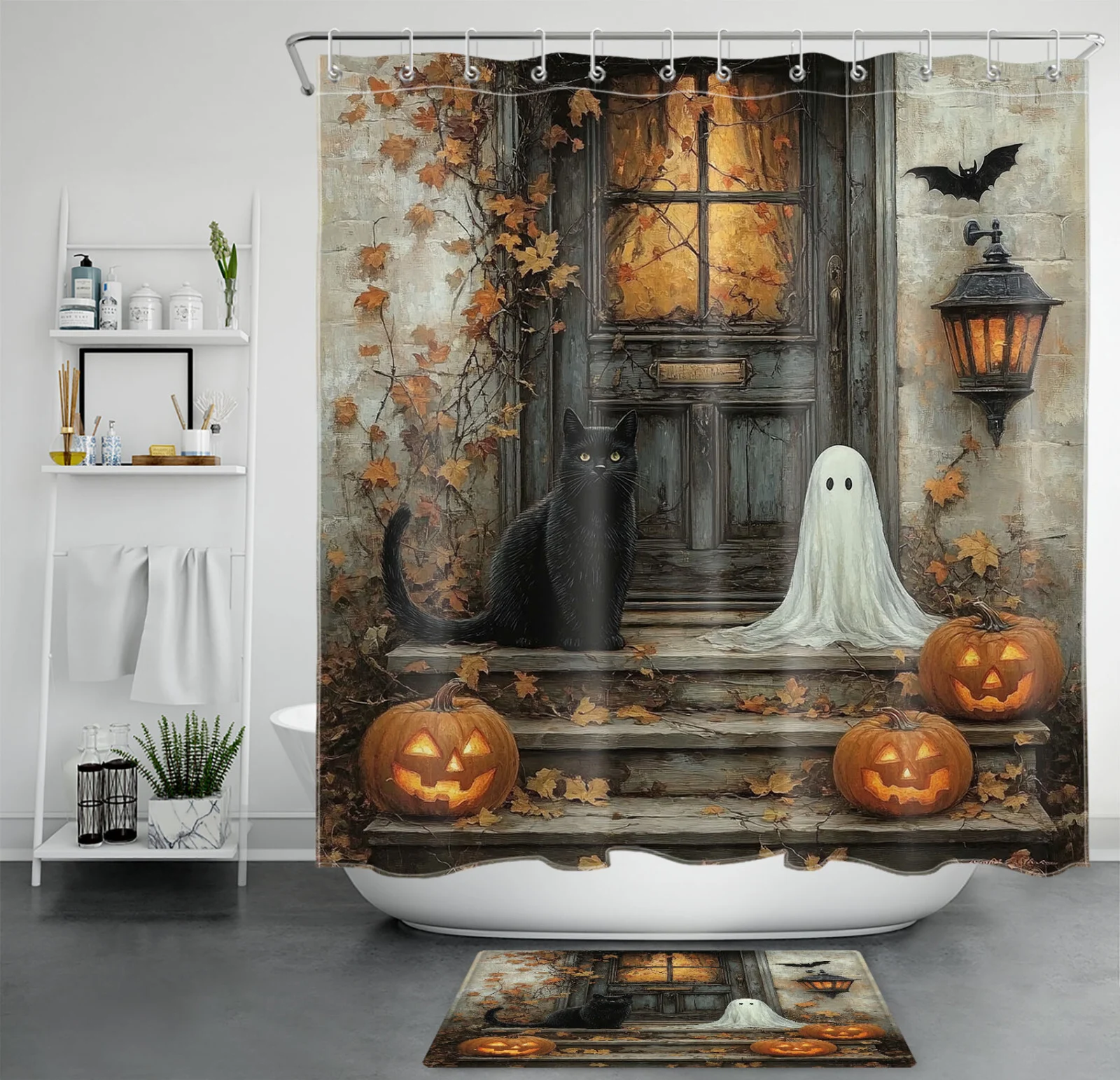 Rustic Fall Leaves Vintage Halloween Ghost Shower Curtain