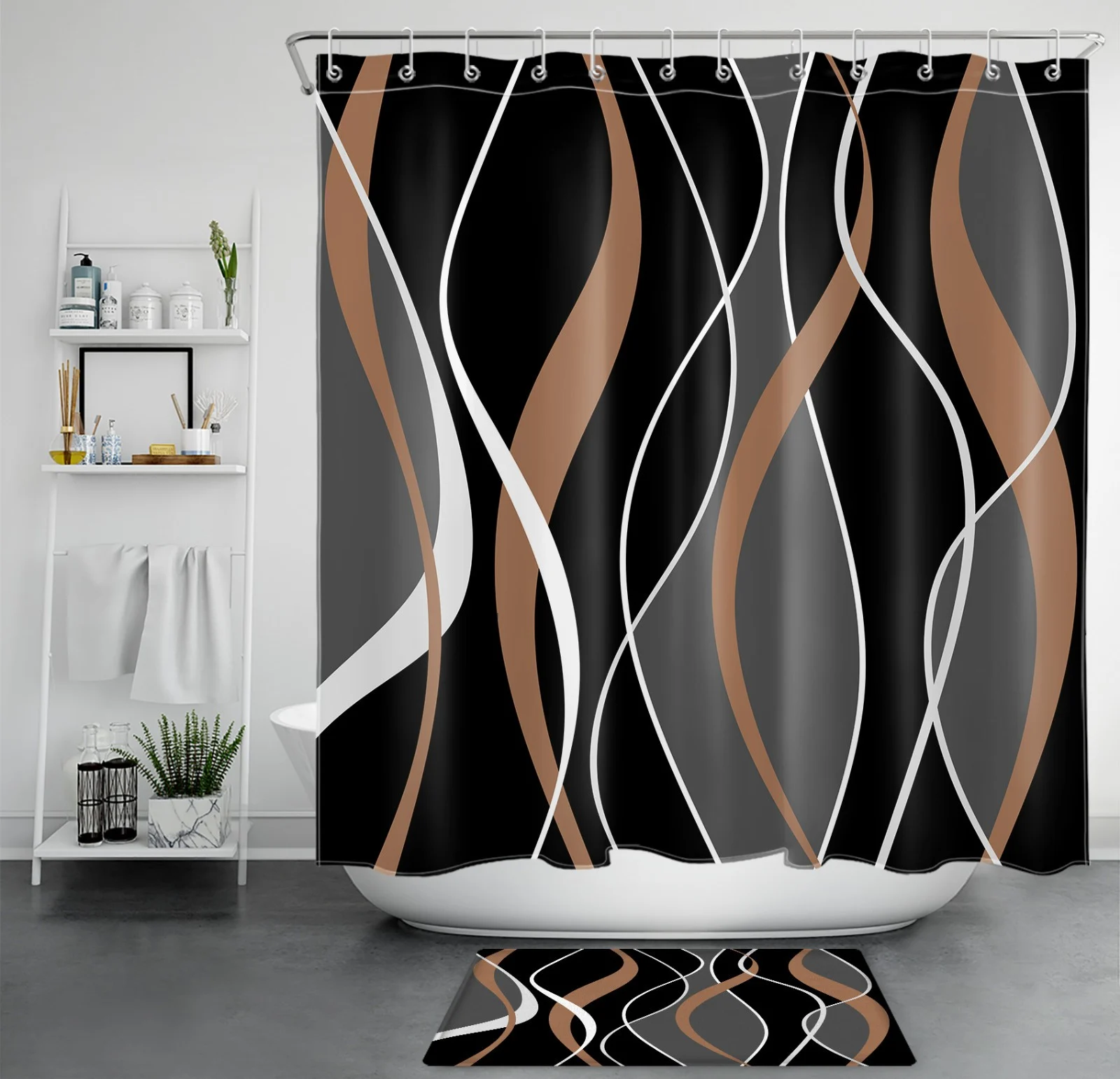 Gray Striped Black and Brown Geometric Shower Curtain