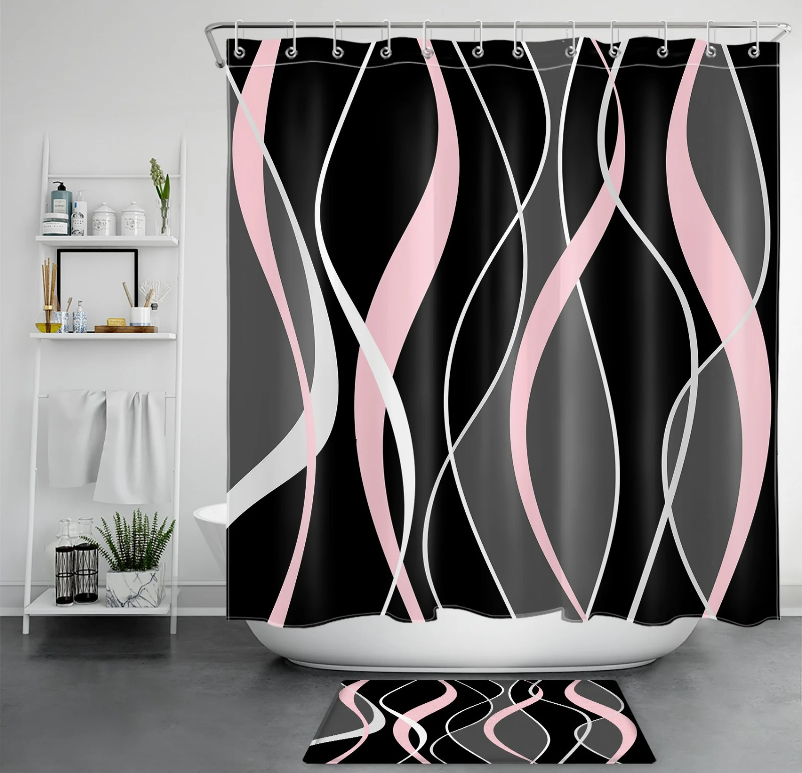Black and Gray Striped Red Geometric Shower Curtain