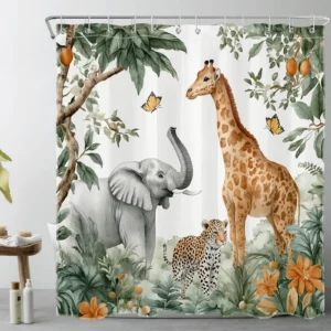 Green Jungle Wildlife Giraffe and Elephant Shower Curtain