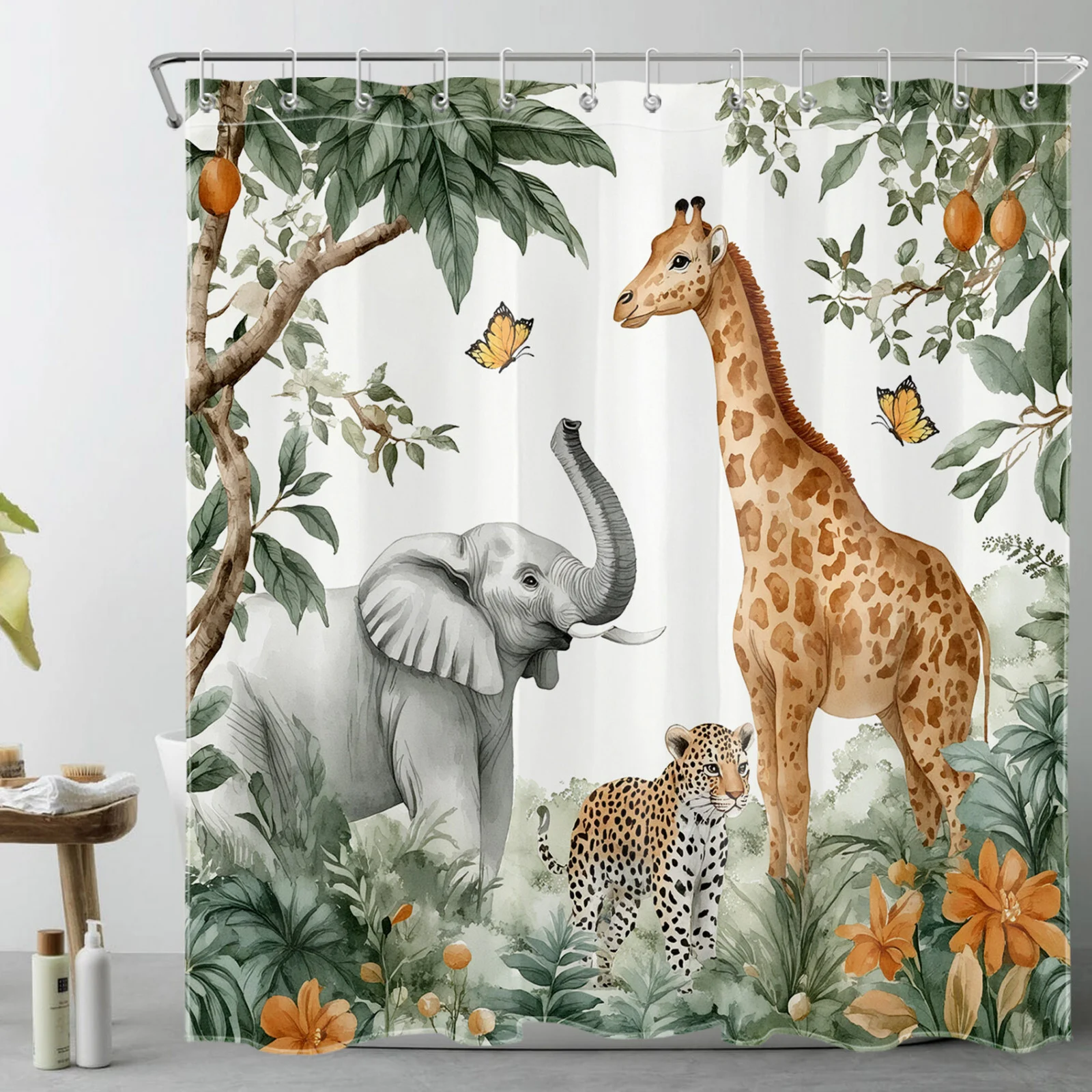 Green Jungle Wildlife Giraffe and Elephant Shower Curtain Green Jungle Wildlife Giraffe and Elephant Shower Curtain