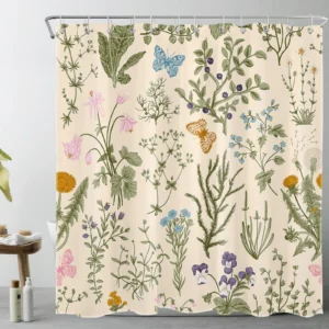 Green Leaf Butterfly Pink Wildflower Black Shower Curtain