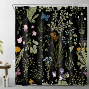 Green Grass Blue Butterfly Pink Wildflower Shower Curtain