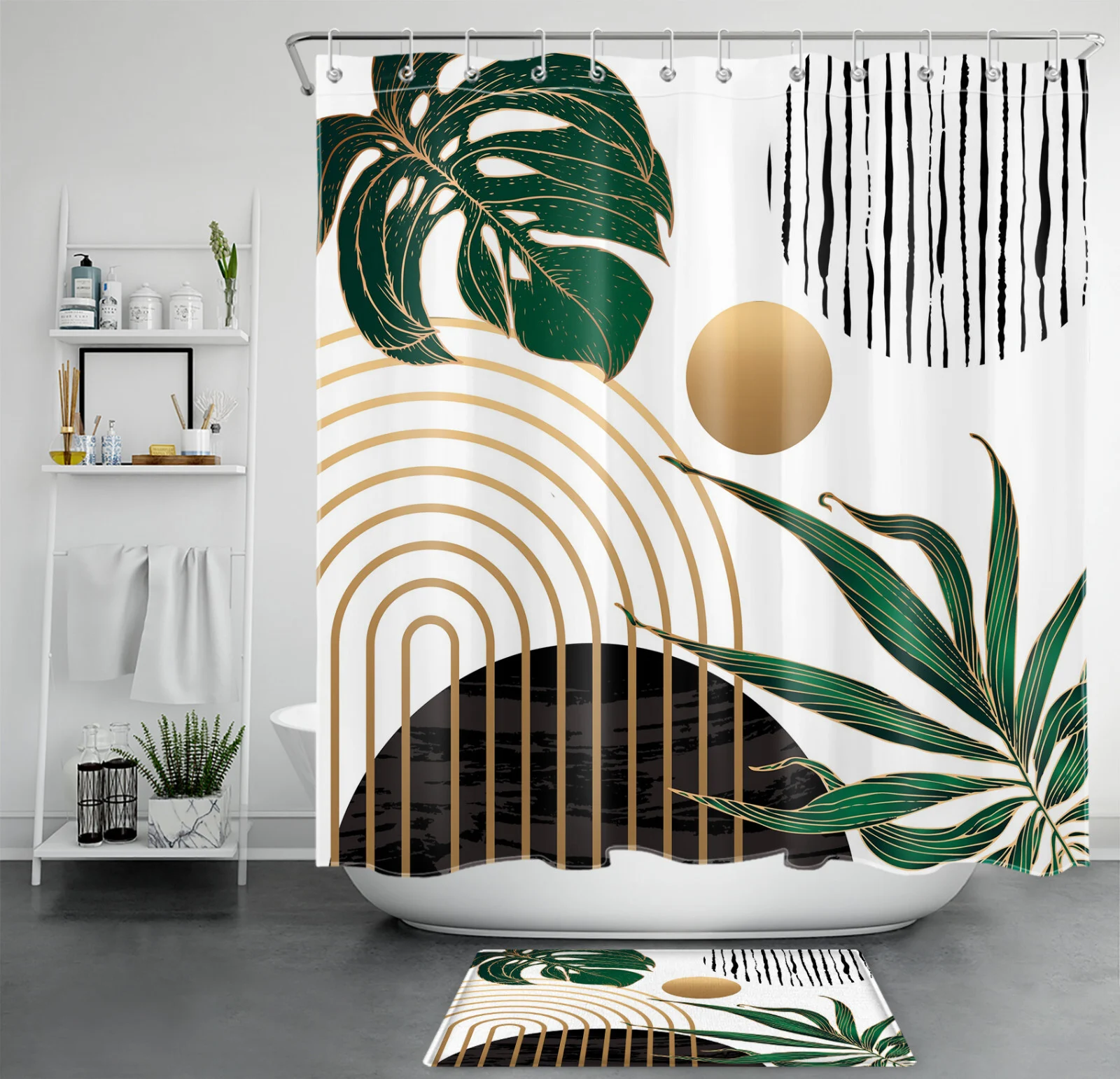 Red Abstract Striped Black White Marble Shower Curtain