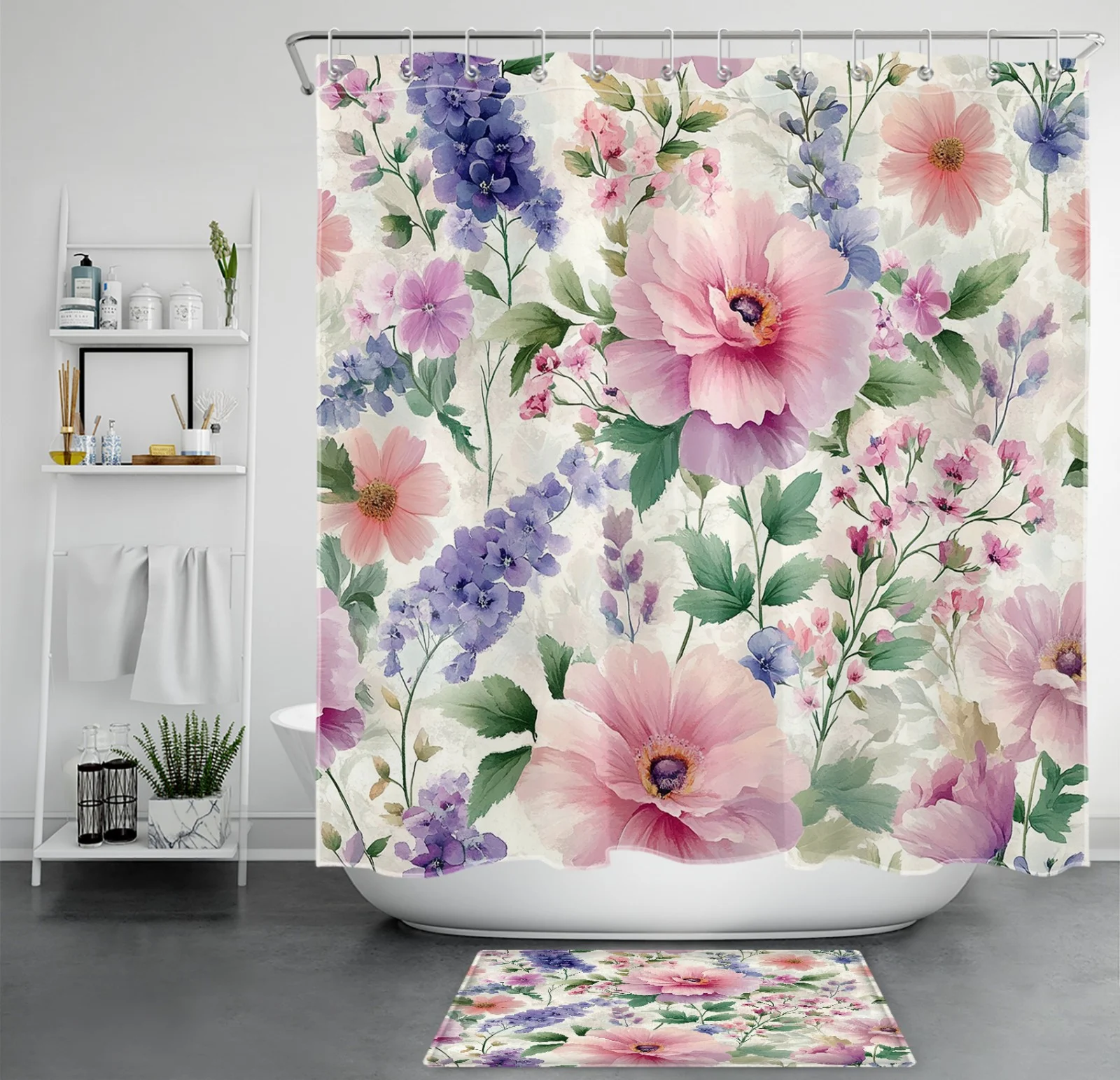 Botanical Purple and Pink Wildflower Beige Shower Curtain Botanical Purple and Pink Wildflower Beige Shower Curtain