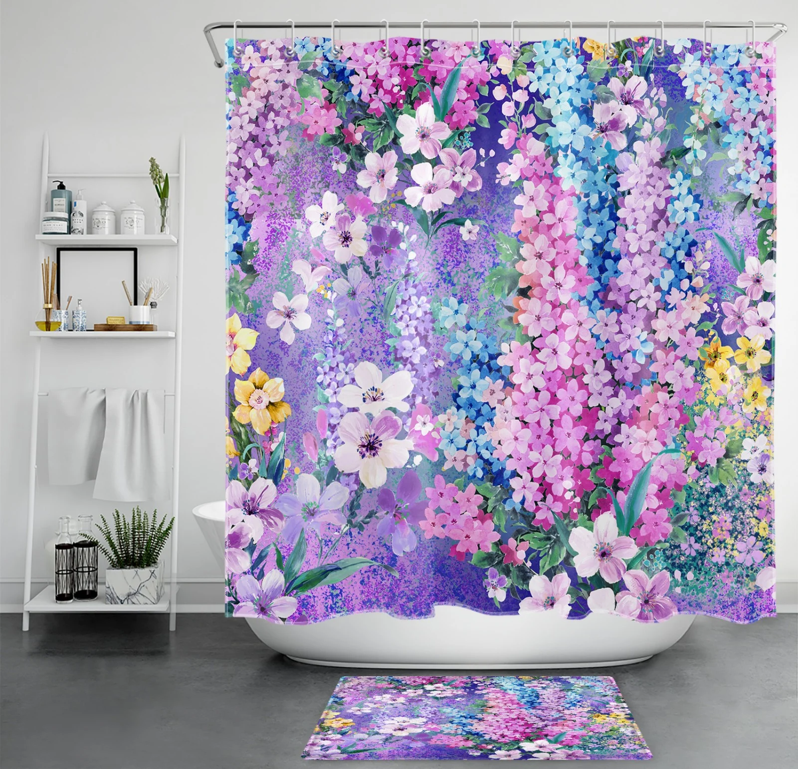 Botanical Blue Hydrangea Pink Daisy Floral Shower Curtain