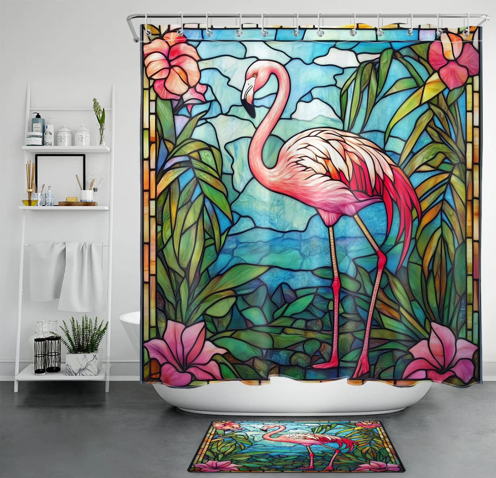 Floral Pink Flamingo on Stained Glass Shower Curtain