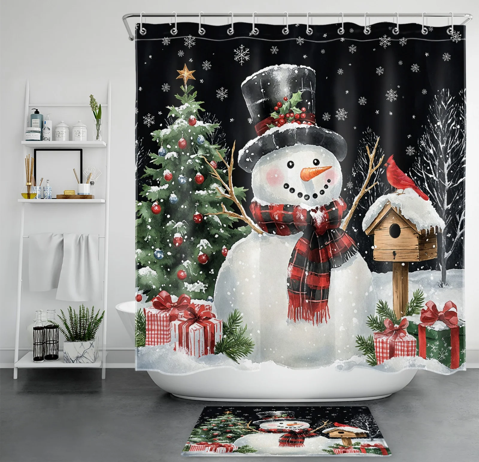 Funny Winter Deer Red Christmas Snowman Shower Curtain Funny Winter Deer Red Christmas Snowman Shower Curtain