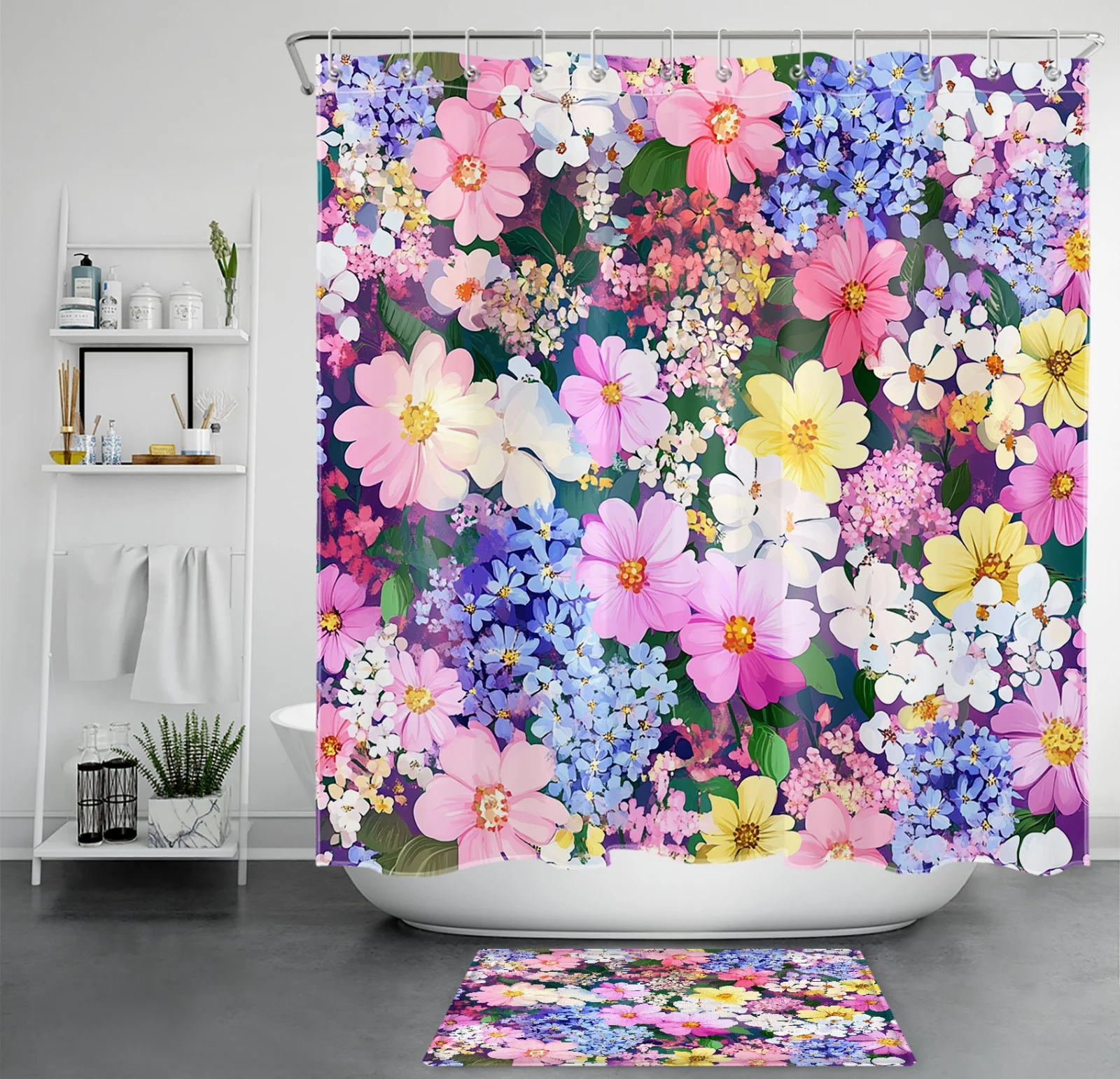 Green Plant Pastel Pink and Blue Floral Shower Curtain