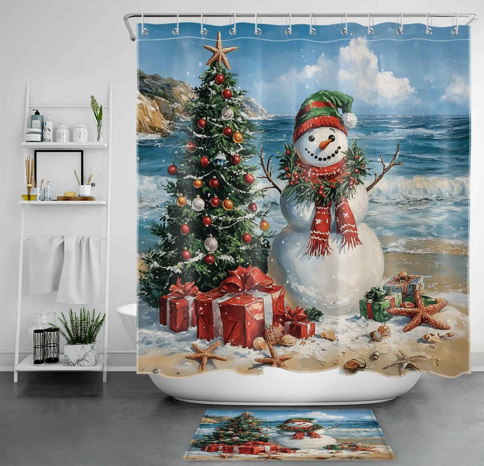 Xmas Funny Snowman on Beach Christmas Shower Curtain