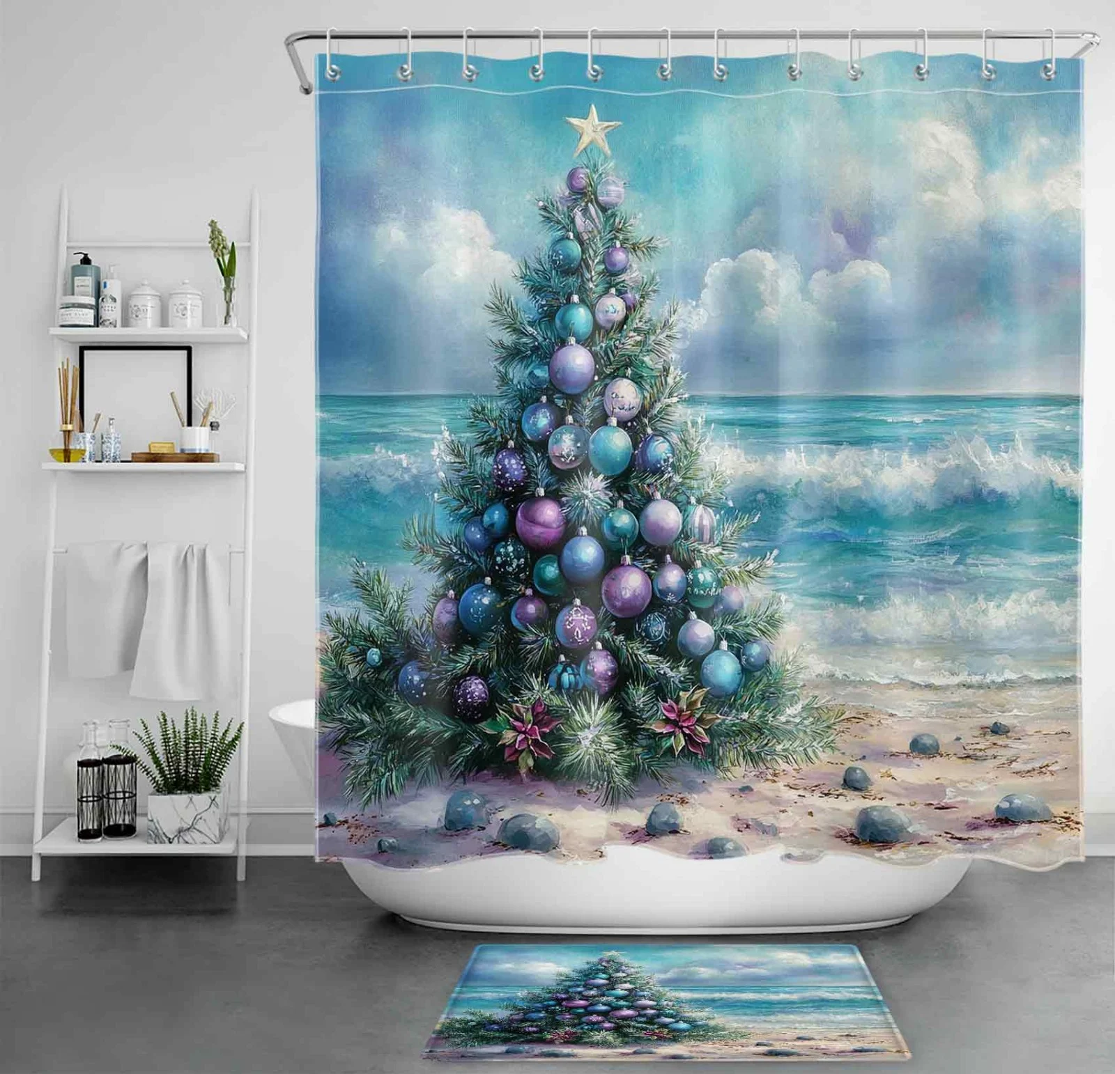 Winter Cute Snowman Green Christmas Tree Shower Curtain