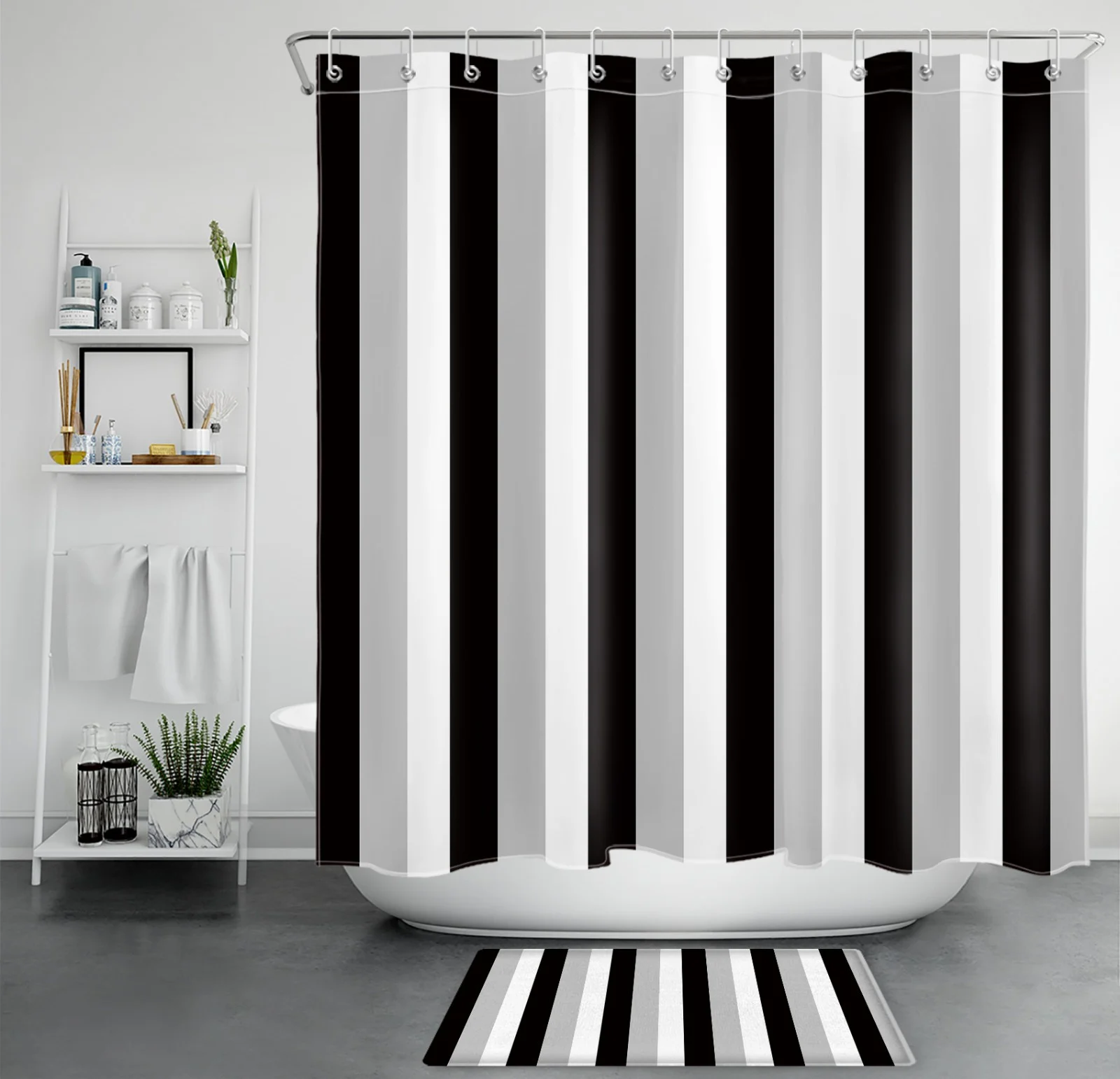 Grey Vertical Striped Black and White Shower Curtain