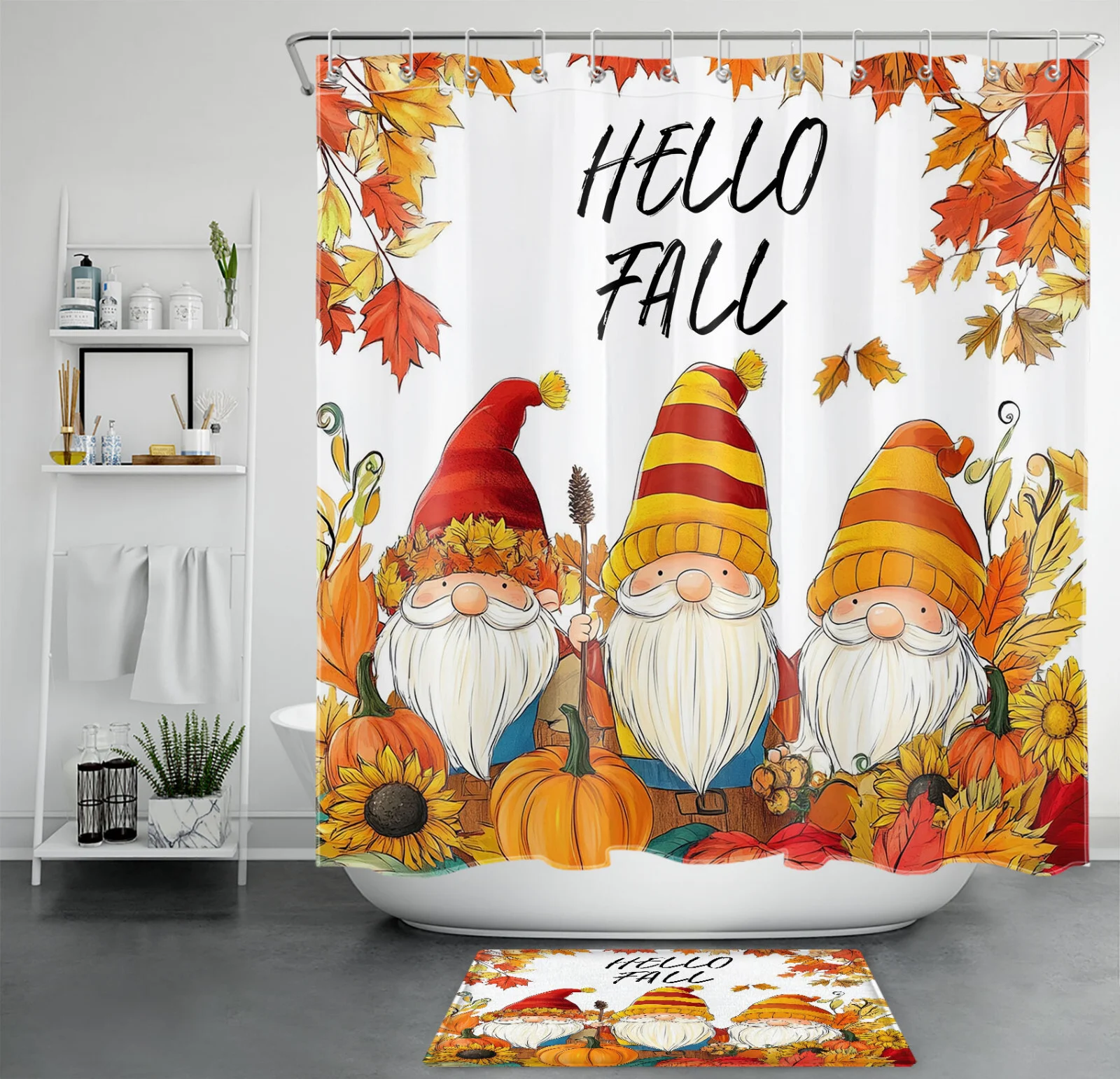 Autumn Orange Maple Leaves Cute Fall Cat Shower Curtain
