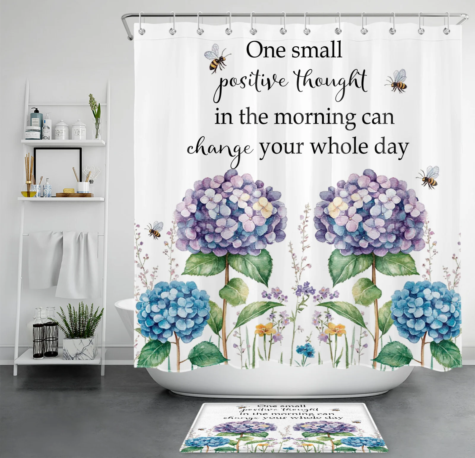 Bee Butterfly Botanical Blue Hydrangea Shower Curtain