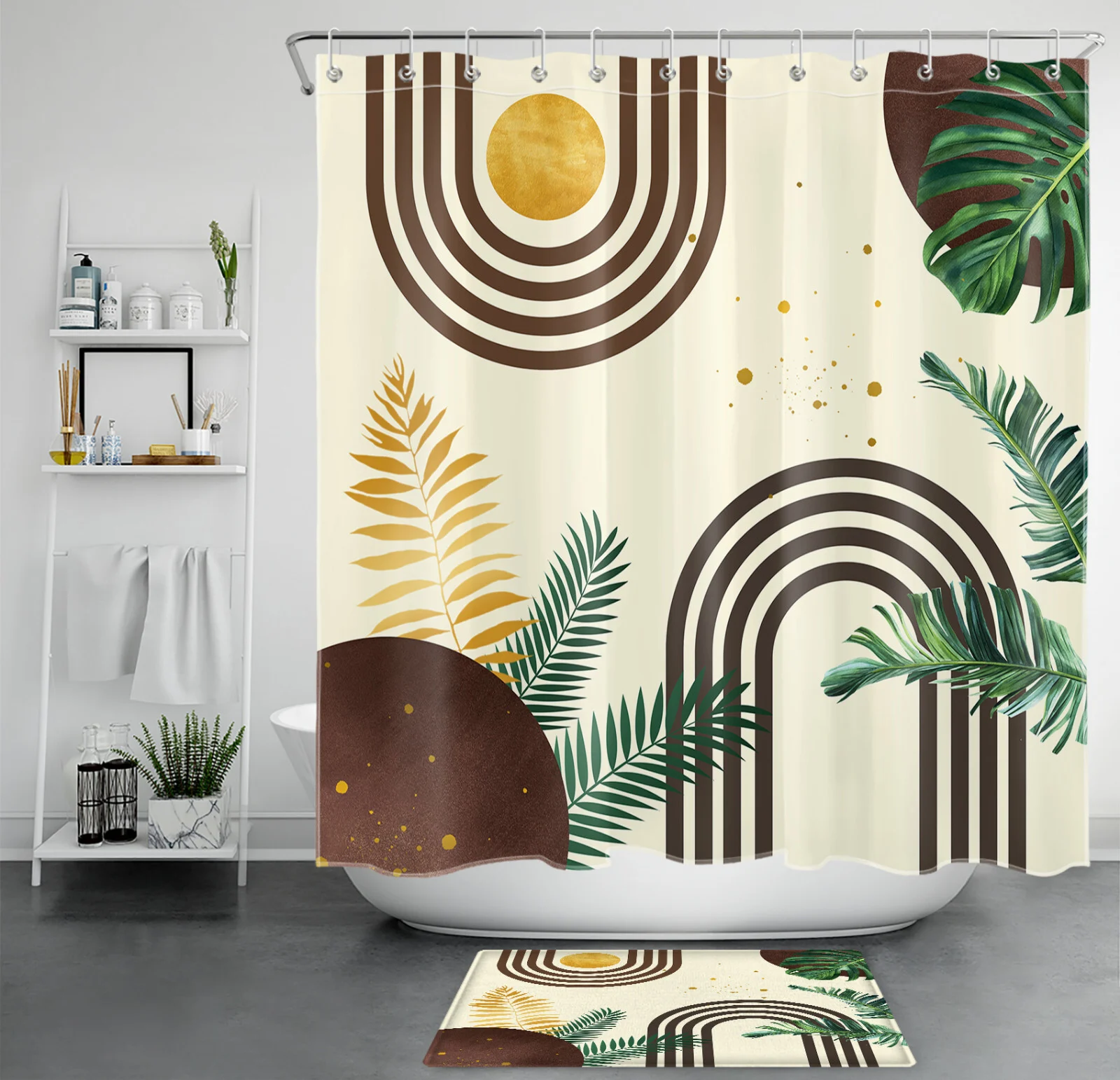 Boho Mid Century Green Geometric Beige Shower Curtain