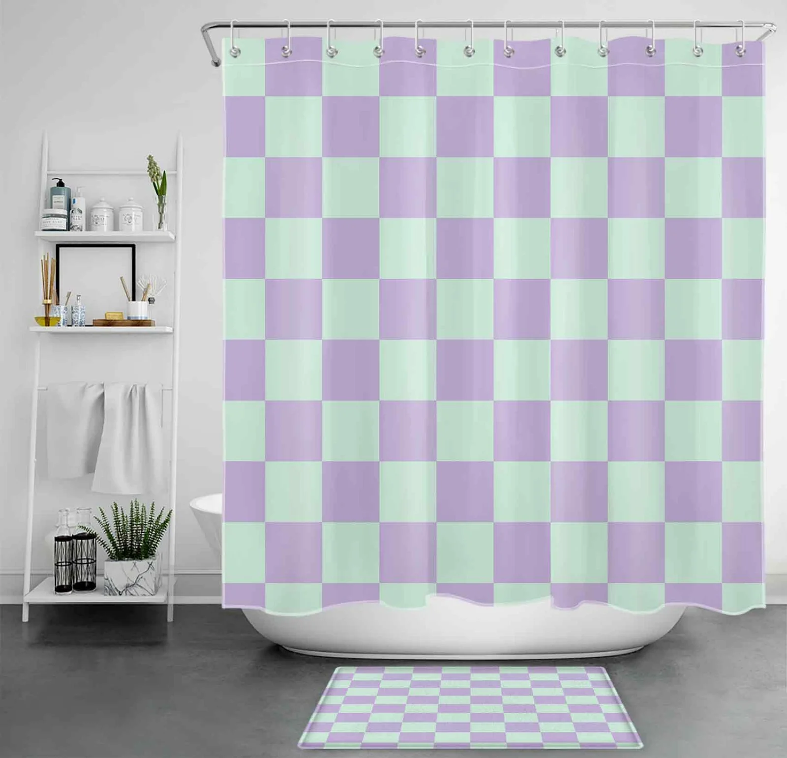 Minimalist Green and Purple Checkered Shower Curtain