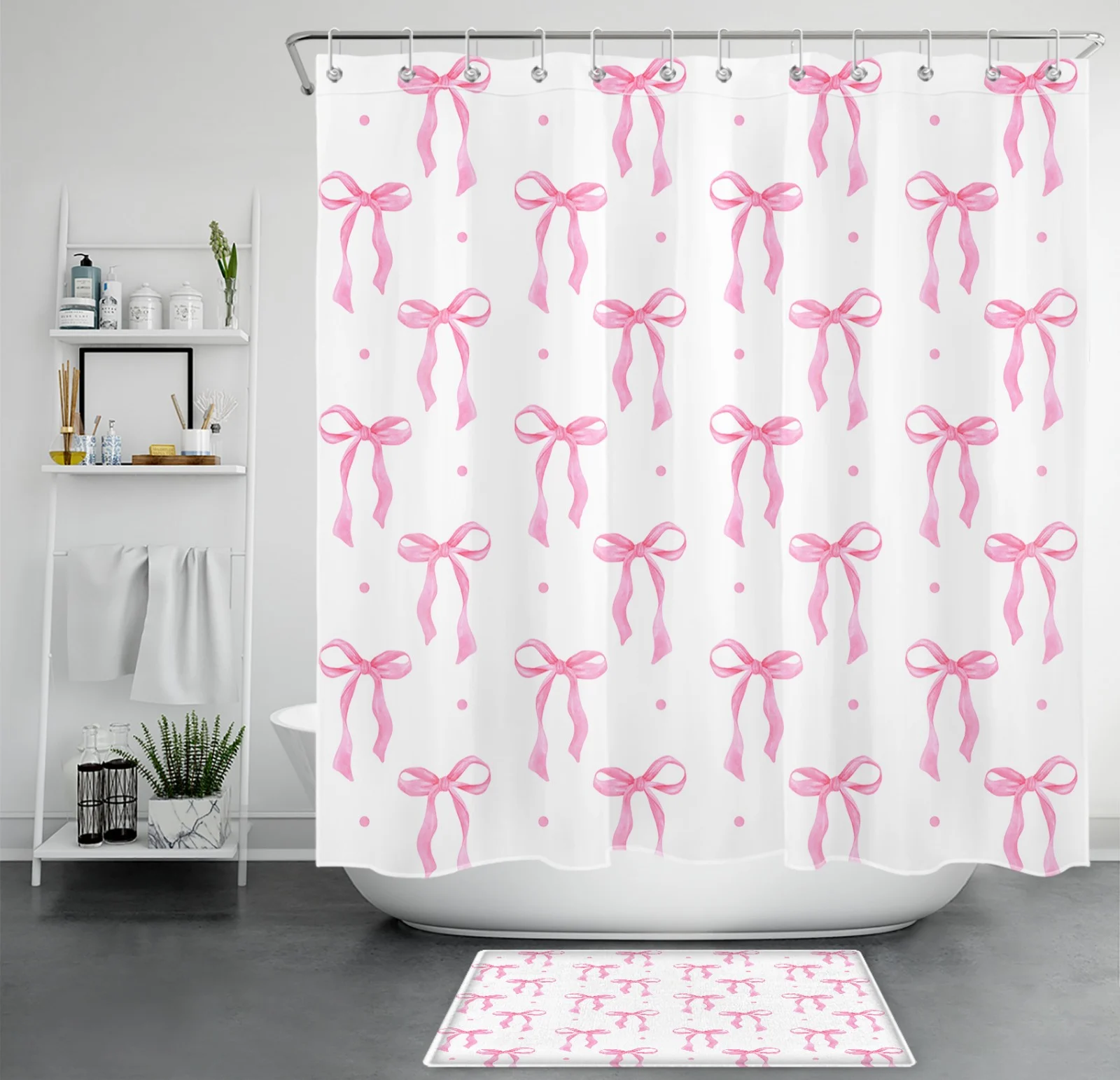 Watercolor Pastel Cute Bow Pink Striped Shower Curtain