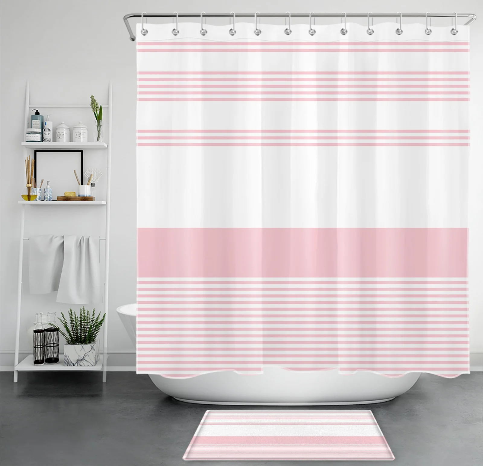 Minimalist Pink and White Vertical Striped Shower Curtain
