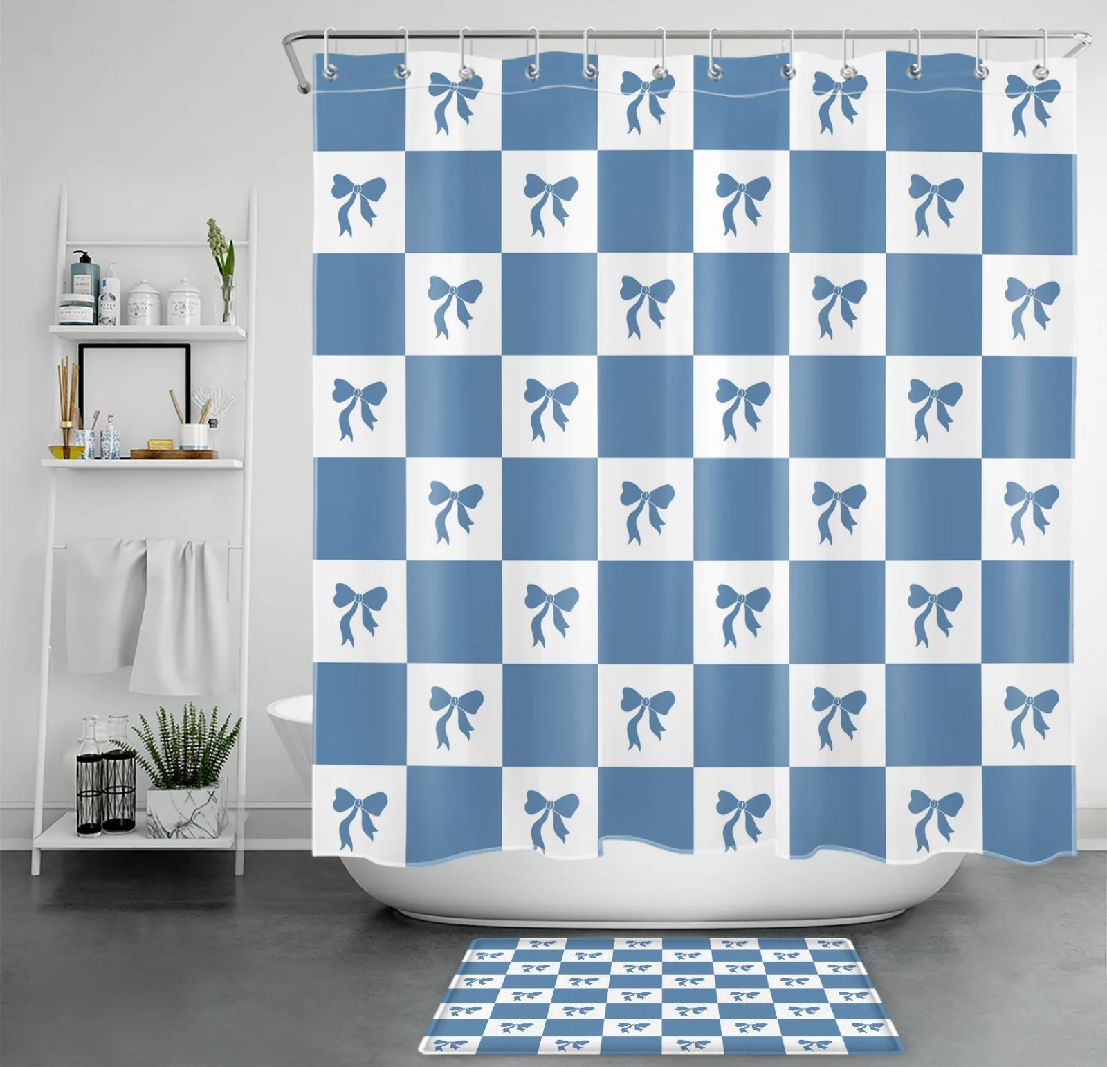Aesthetic Bow Black and White Checkered Shower Curtain