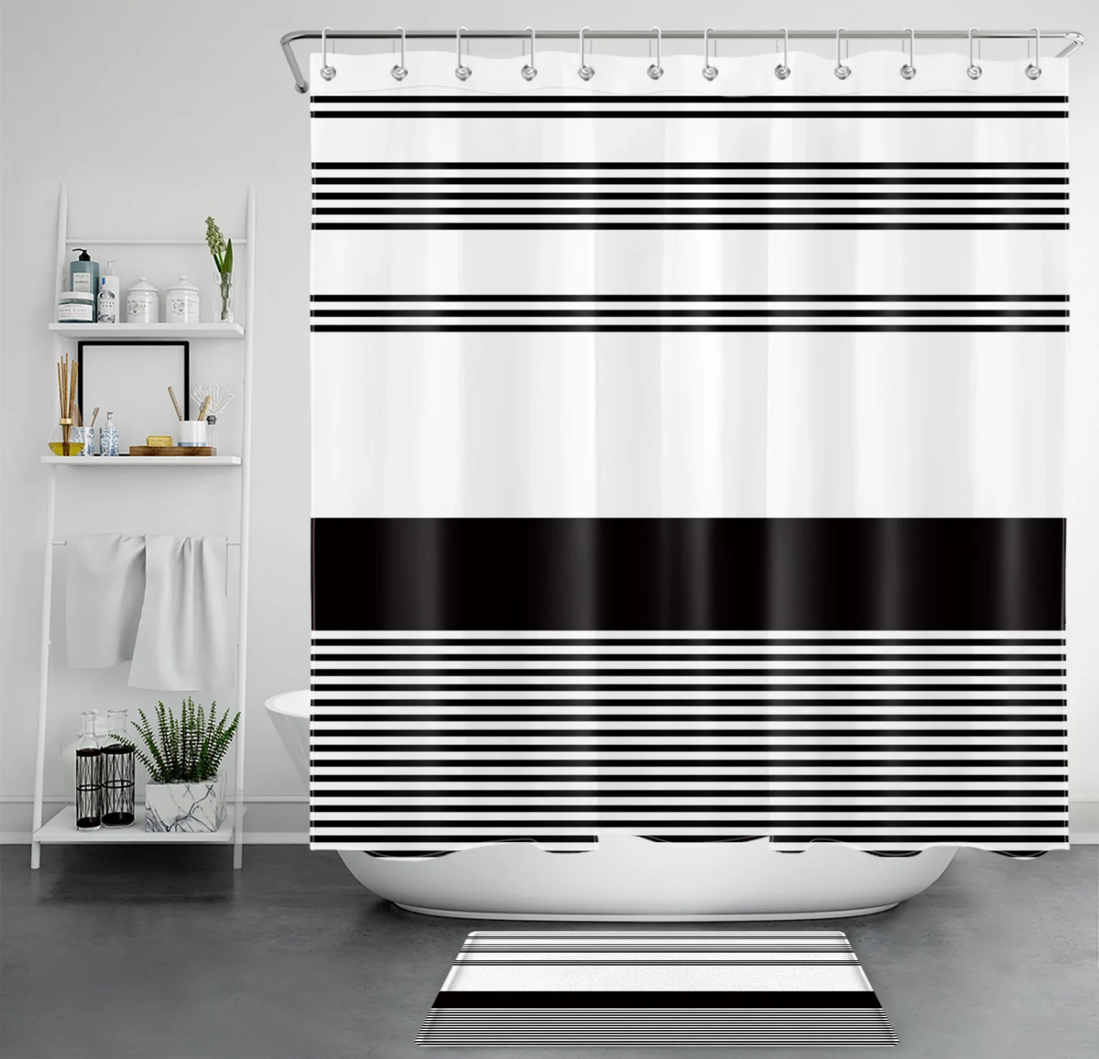 Minimalist Gold Striped Black and White Shower Curtain