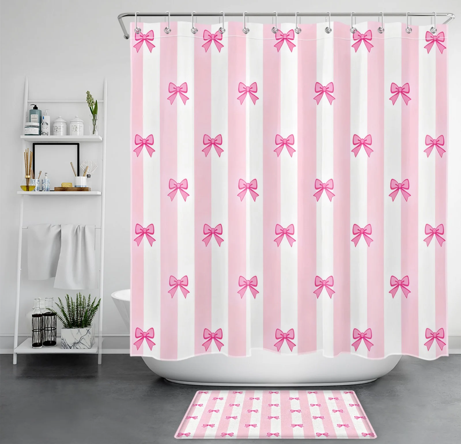 Modern Aesthetic Pink Bow on Pink Striped Shower Curtain