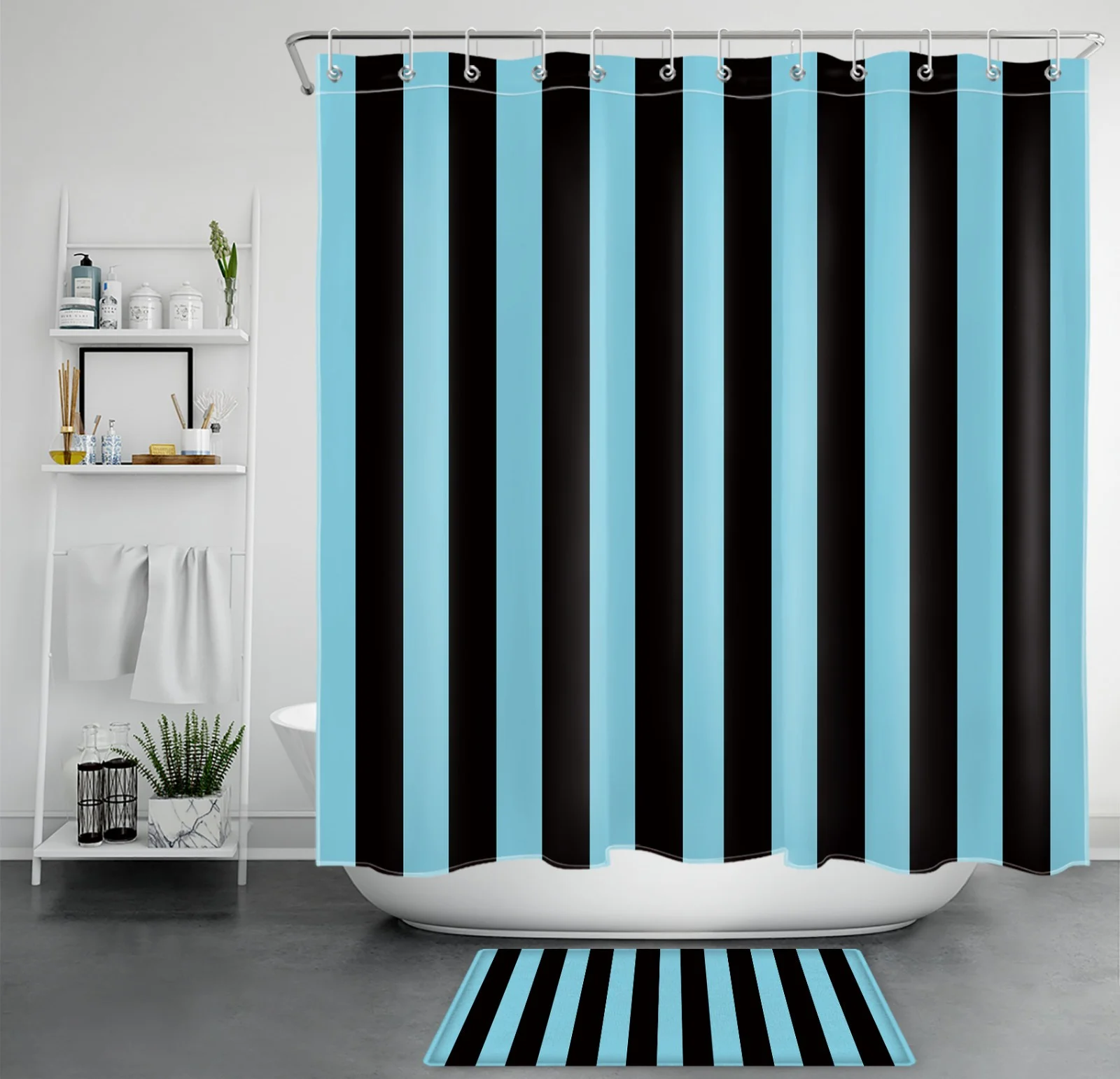 Simple Vintage White and Blue Striped Shower Curtain