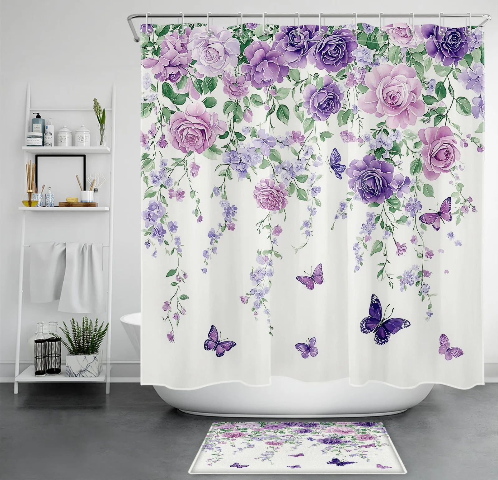 Botanical Purple and Pink Wildflower Beige Shower Curtain Botanical Purple and Pink Wildflower Beige Shower Curtain