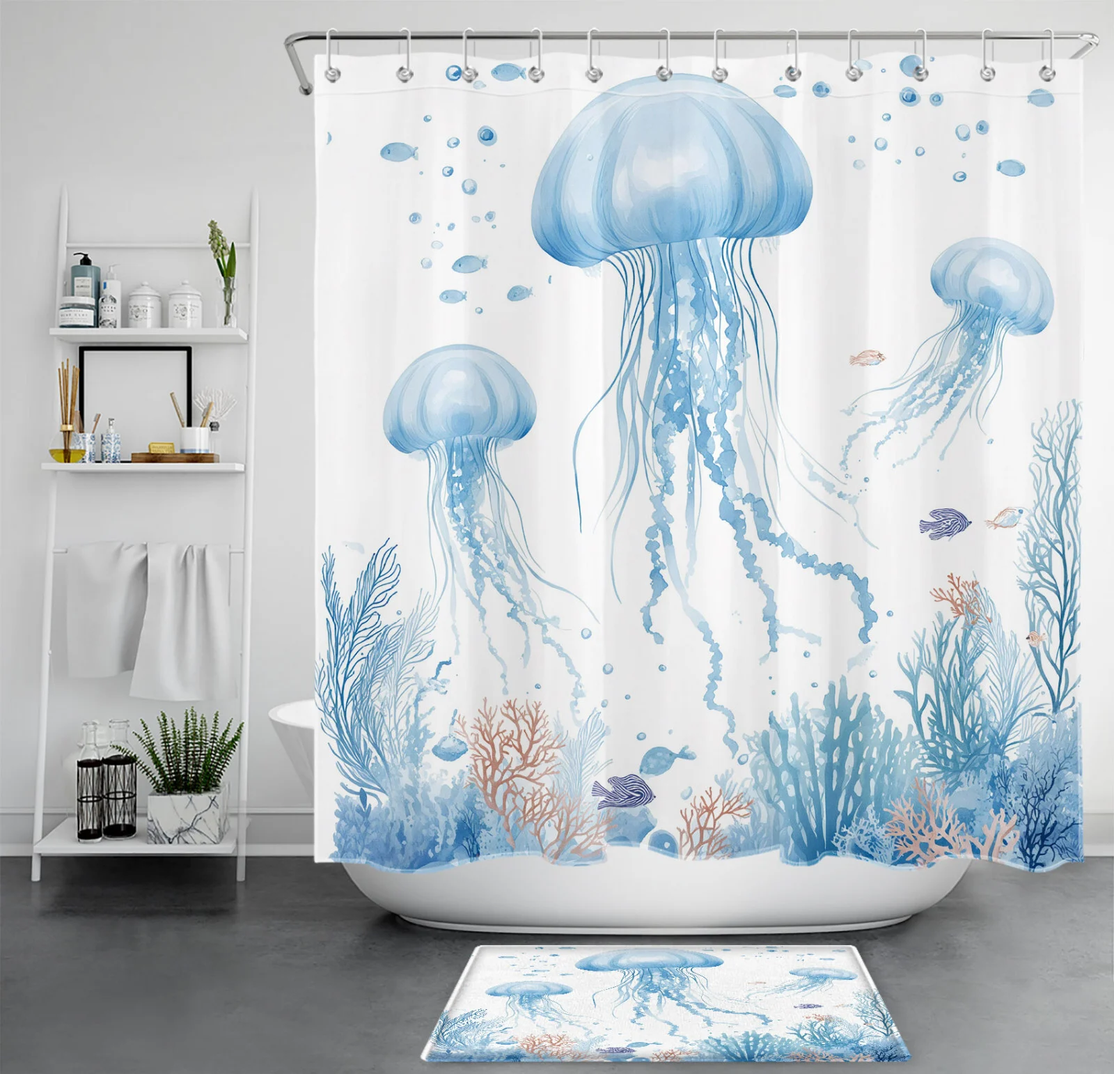 Tropical Summer Sea Life Blue Jellyfish Shower Curtain