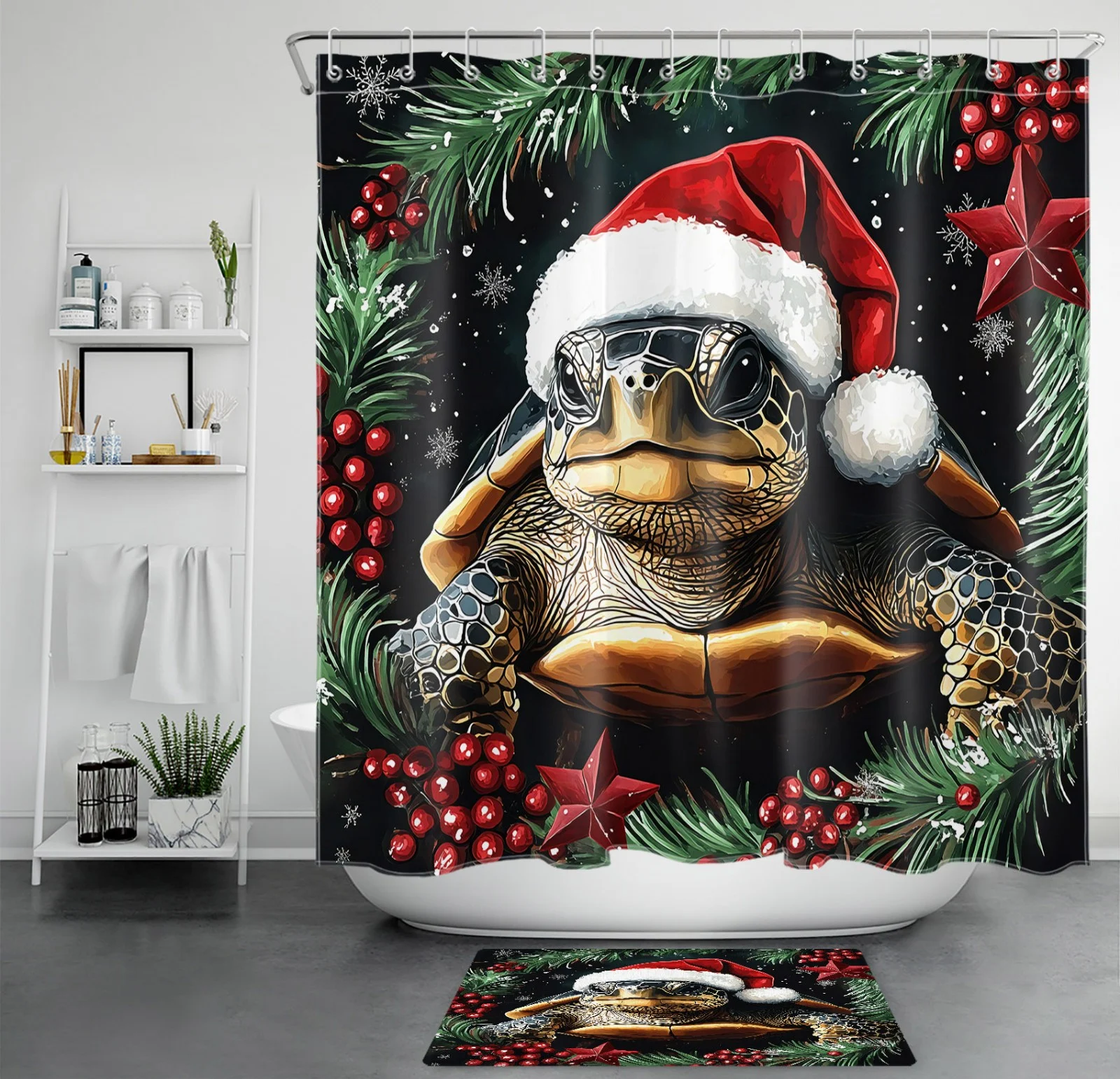 Cute Funny Red Santa Claus Green Christmas Shower Curtain