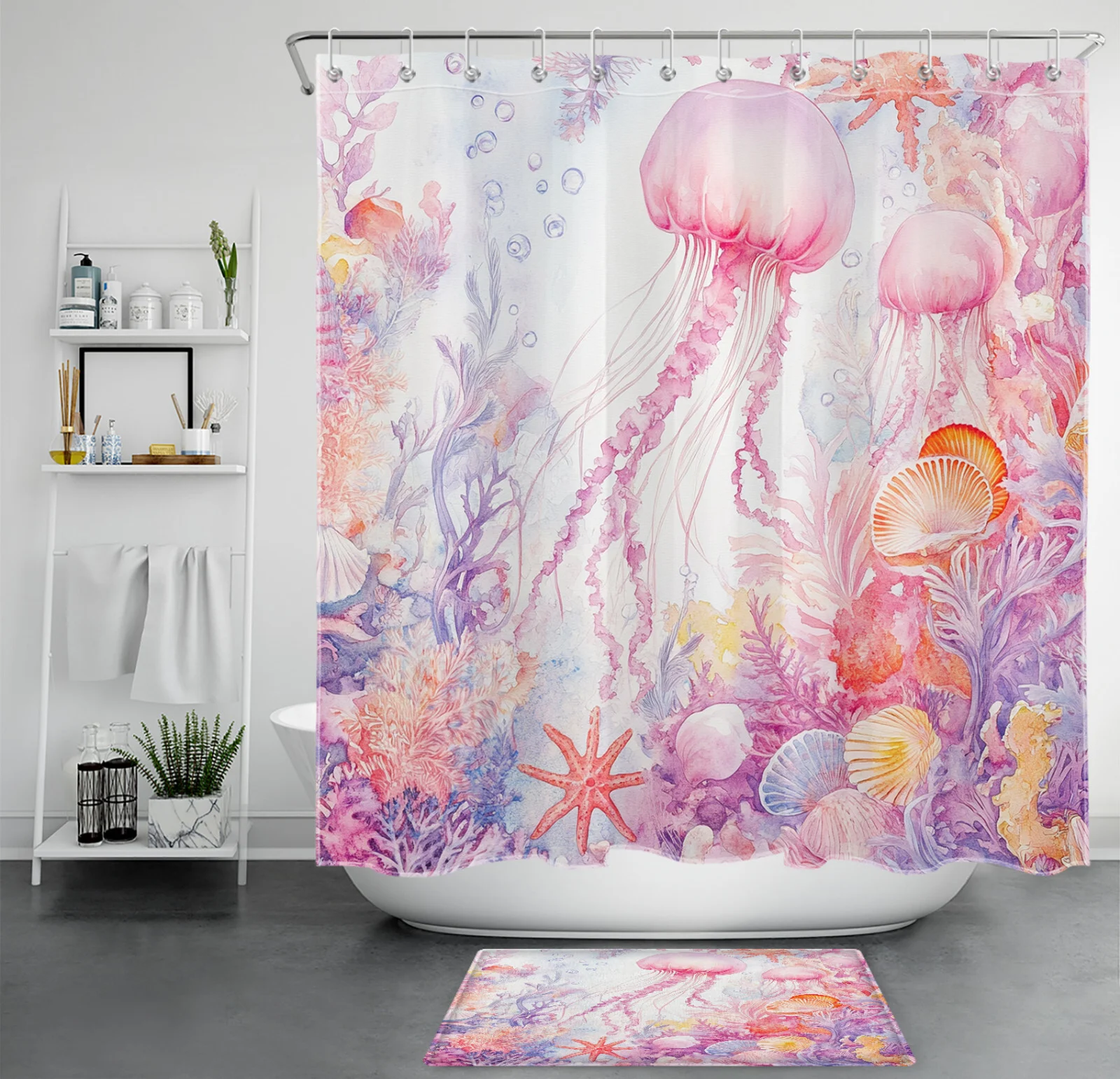 Coastal Coral Seashell Pink Jellyfish Shower Curtain