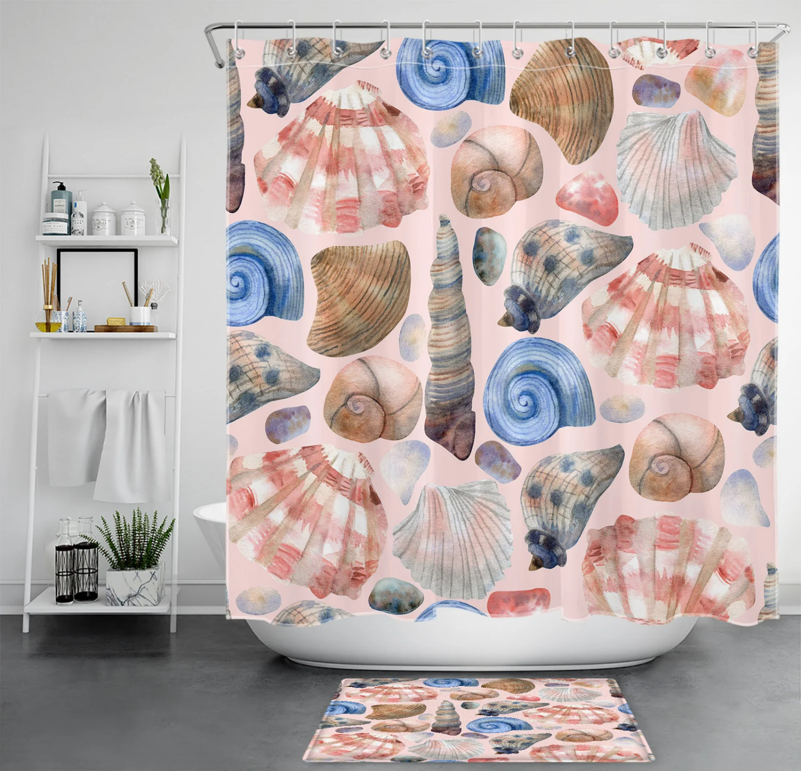 Coastal Pink and Blue Seashell on Black Shower Curtain