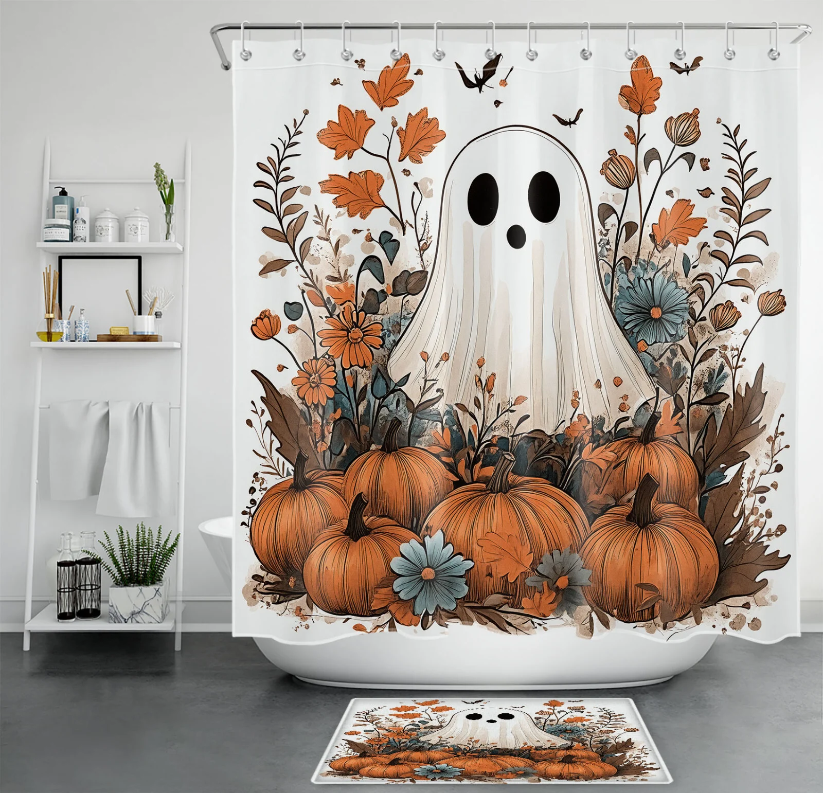 Black and White Spider Web Bat Halloween Shower Curtain