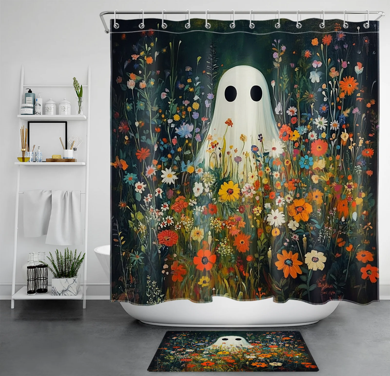 Colorful Wildflower Spooky Halloween Ghost Shower Curtain