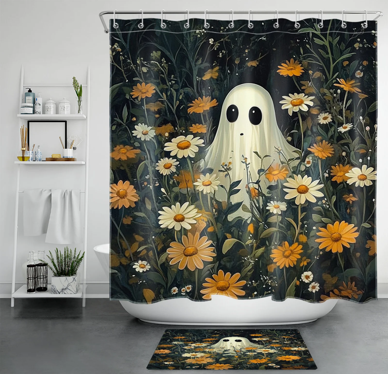 Blue Daisy Flower Spooky Halloween Ghost Shower Curtain