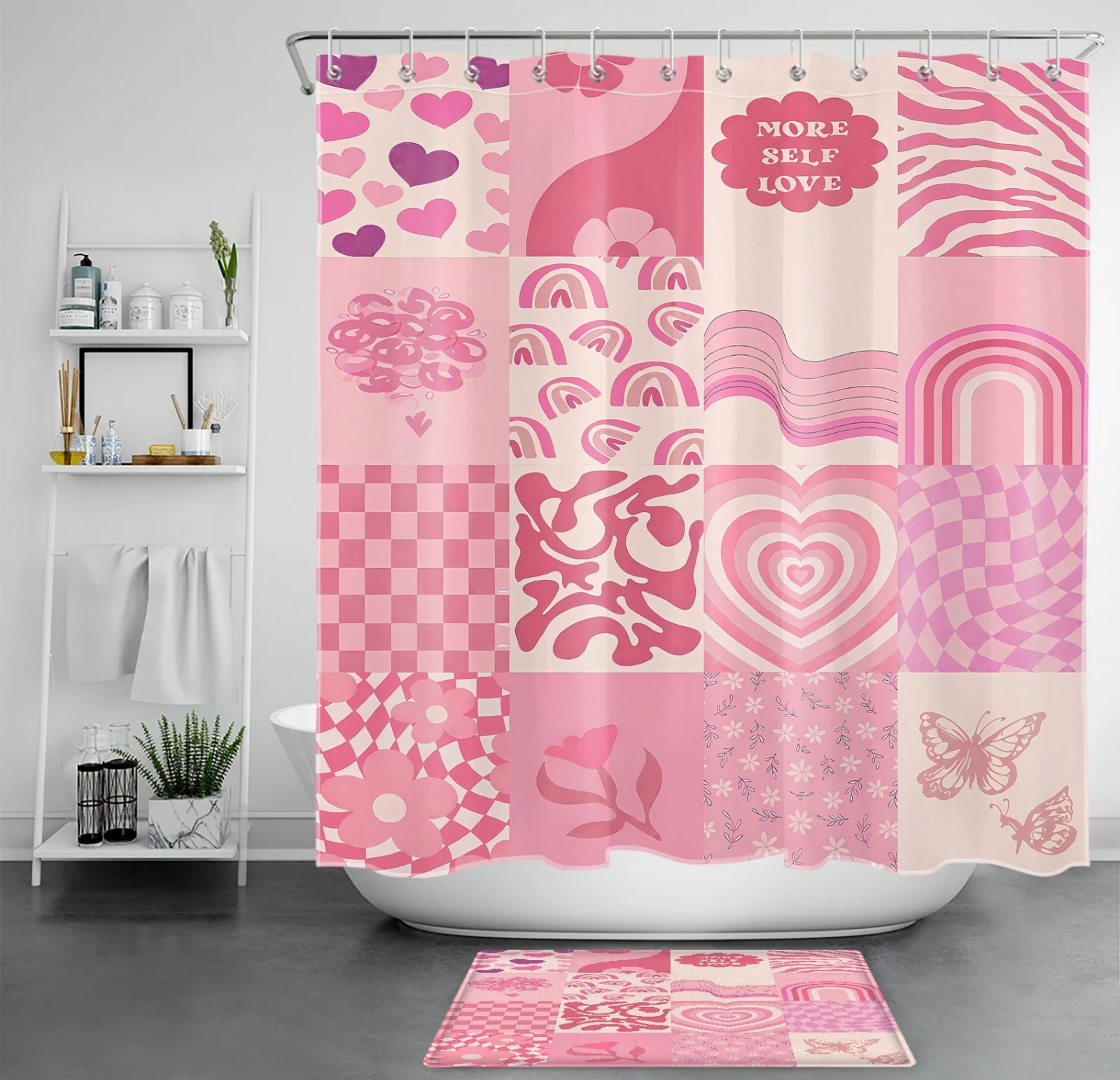 Boho Checkered Retro Green Patchwork Shower Curtain