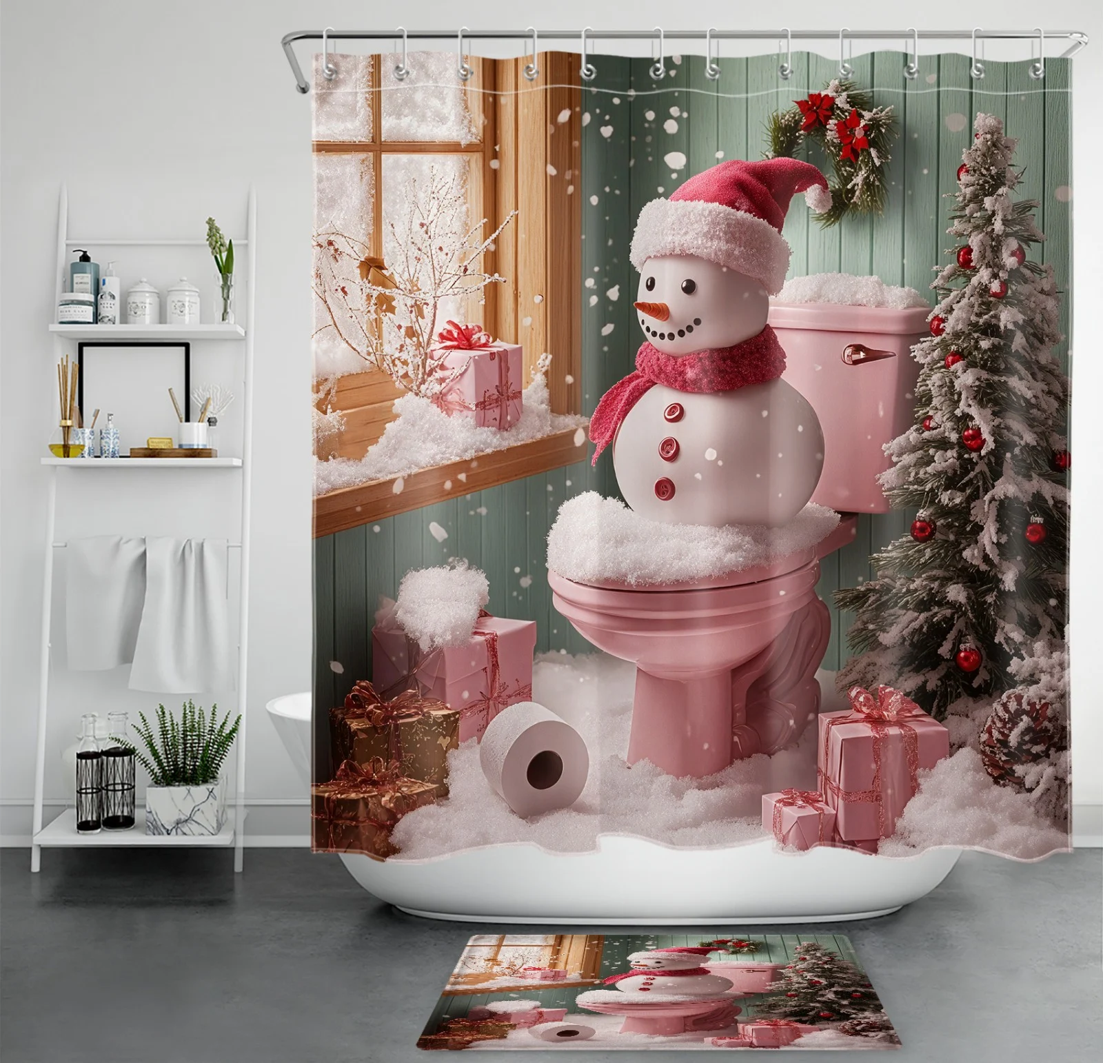 Pink Cute Funny Snowman Winter Christmas Shower Curtain