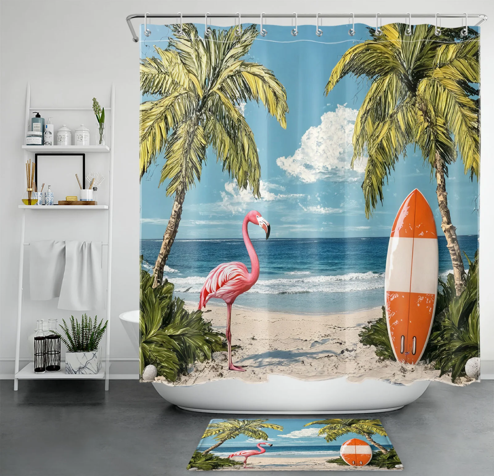 Tropical Pink Flamingo Green Palm Leaf Shower Curtain