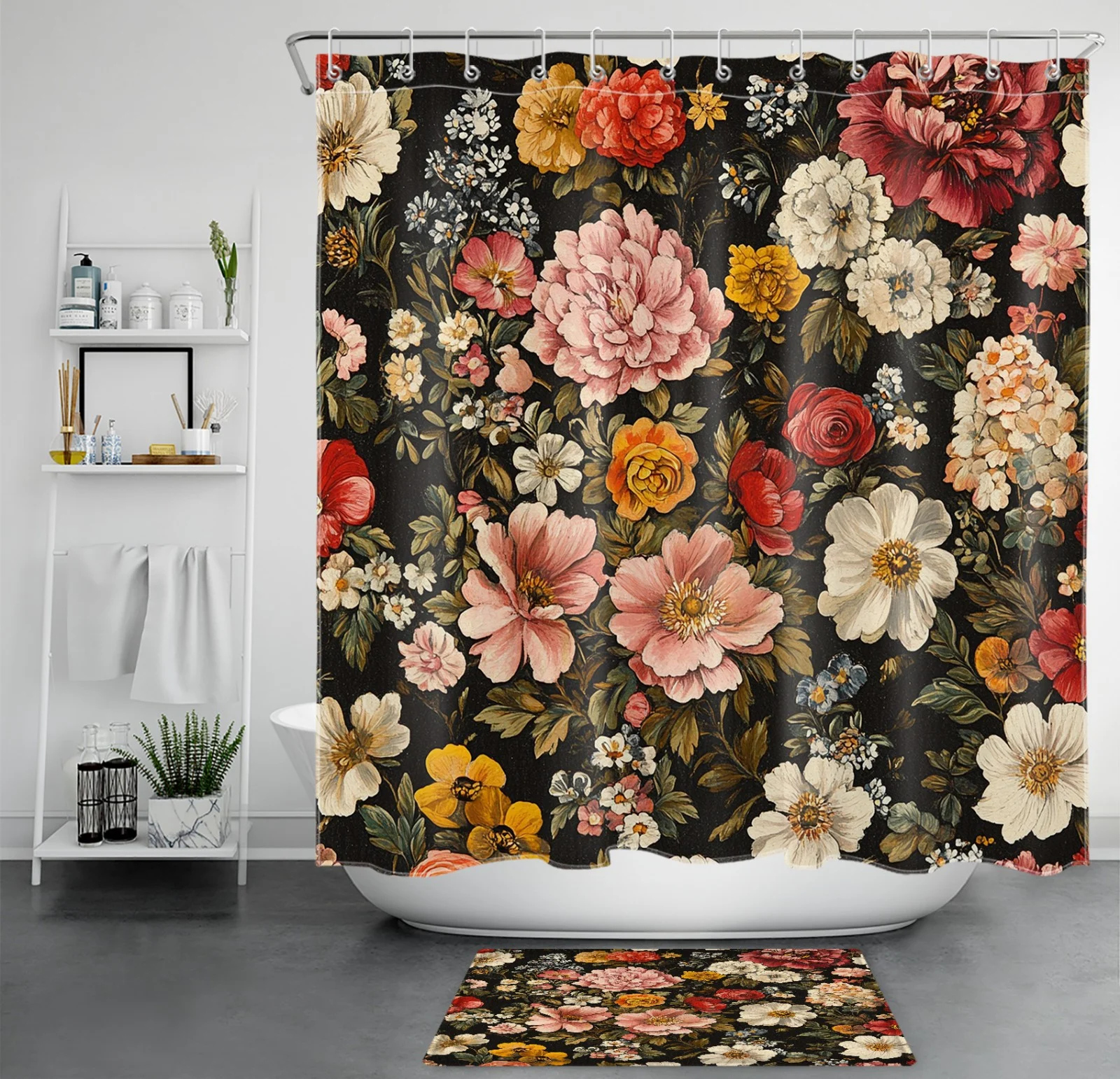 Checkered Green Leaves Vintage Floral Shower Curtain Checkered Green Leaves Vintage Floral Shower Curtain