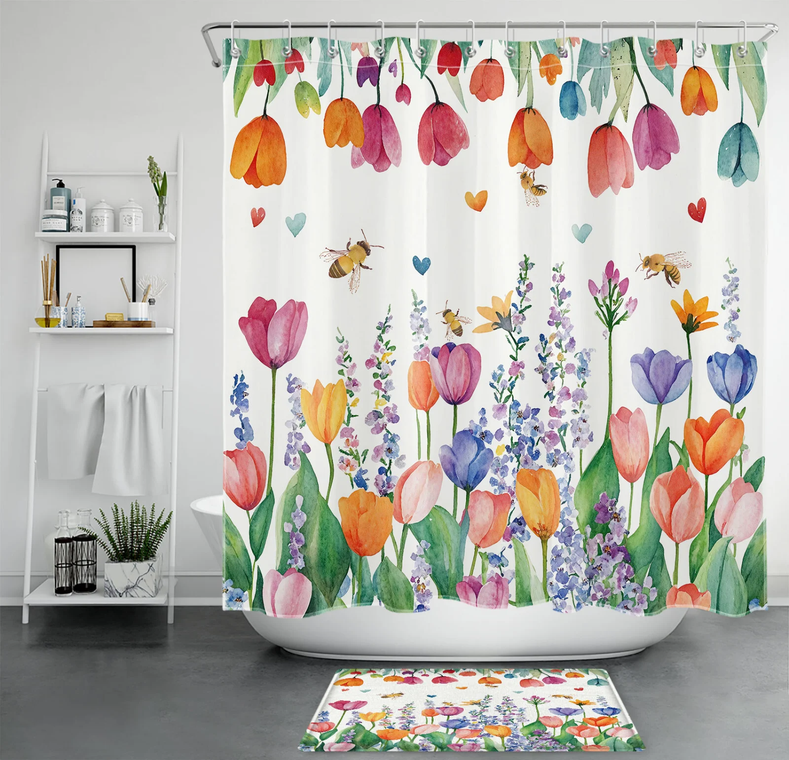 Vintage Red White and Blue Floral American Shower Curtain