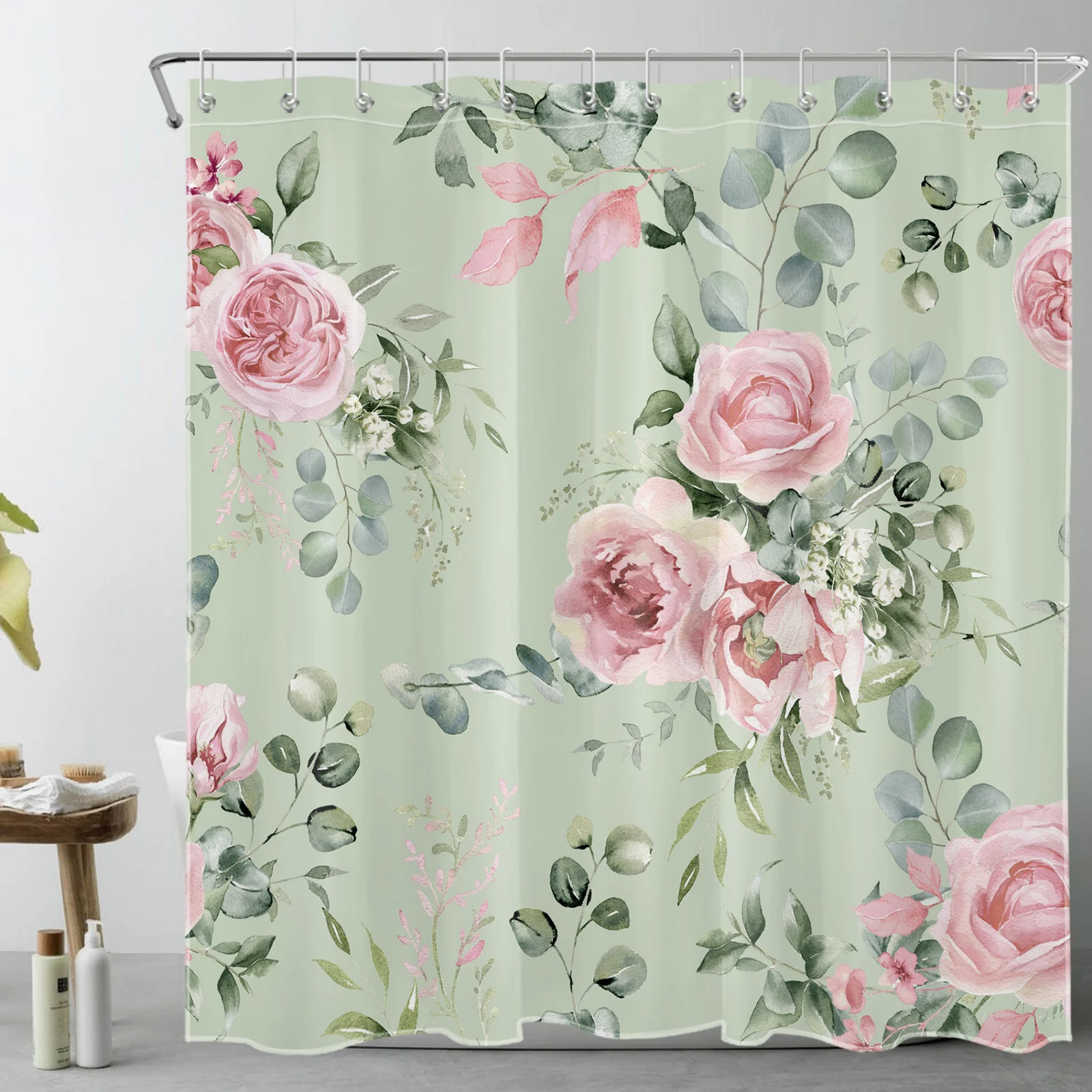 Plant Sage Green Eucalyptus Leaf Pink Rose Shower Curtain Plant Sage Green Eucalyptus Leaf Pink Rose Shower Curtain