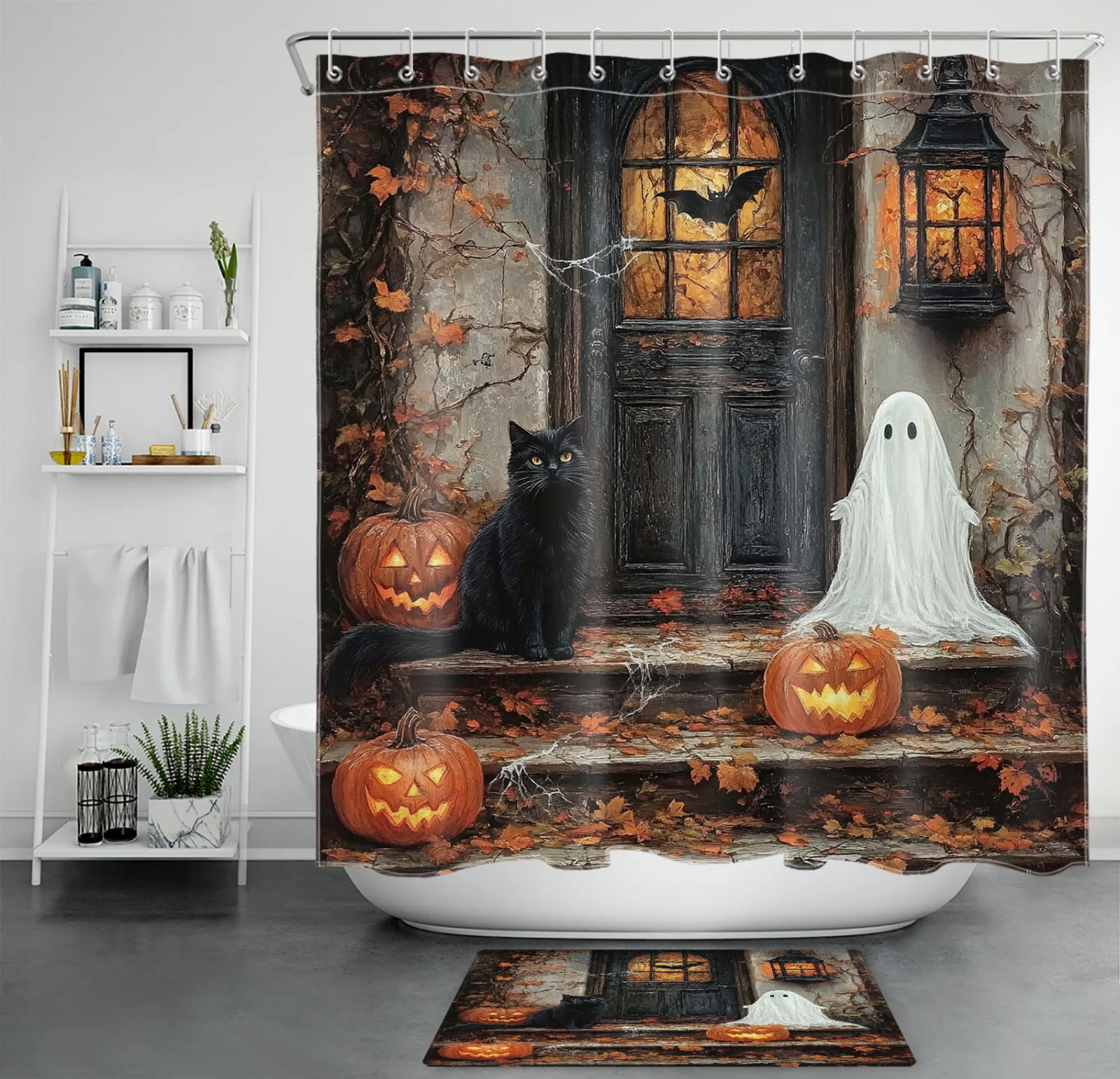 Autumn Forest Orange Pumpkin Fall Cat Shower Curtain