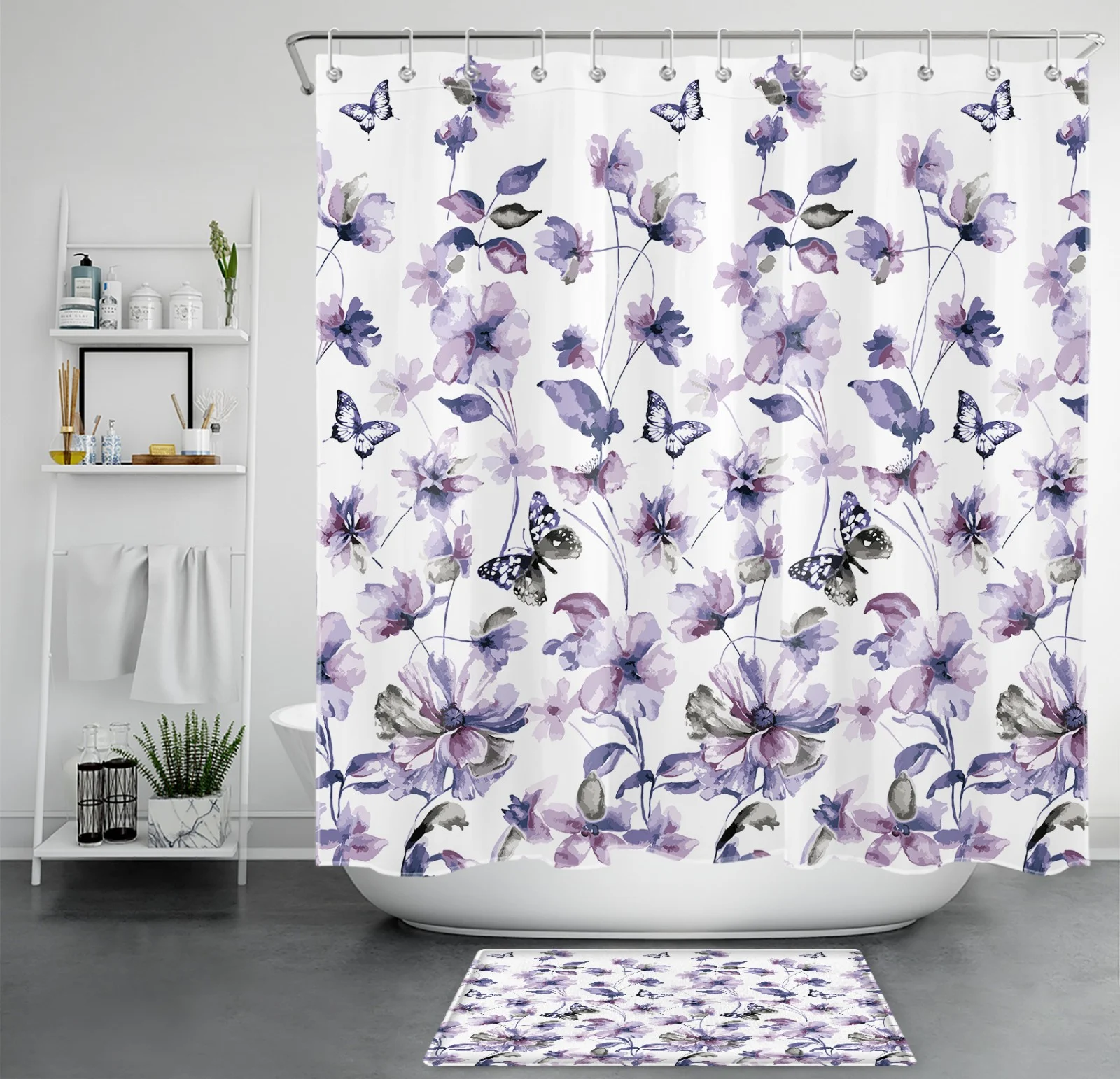 Green Leaf Purple Watercolor Wildflower Shower Curtain