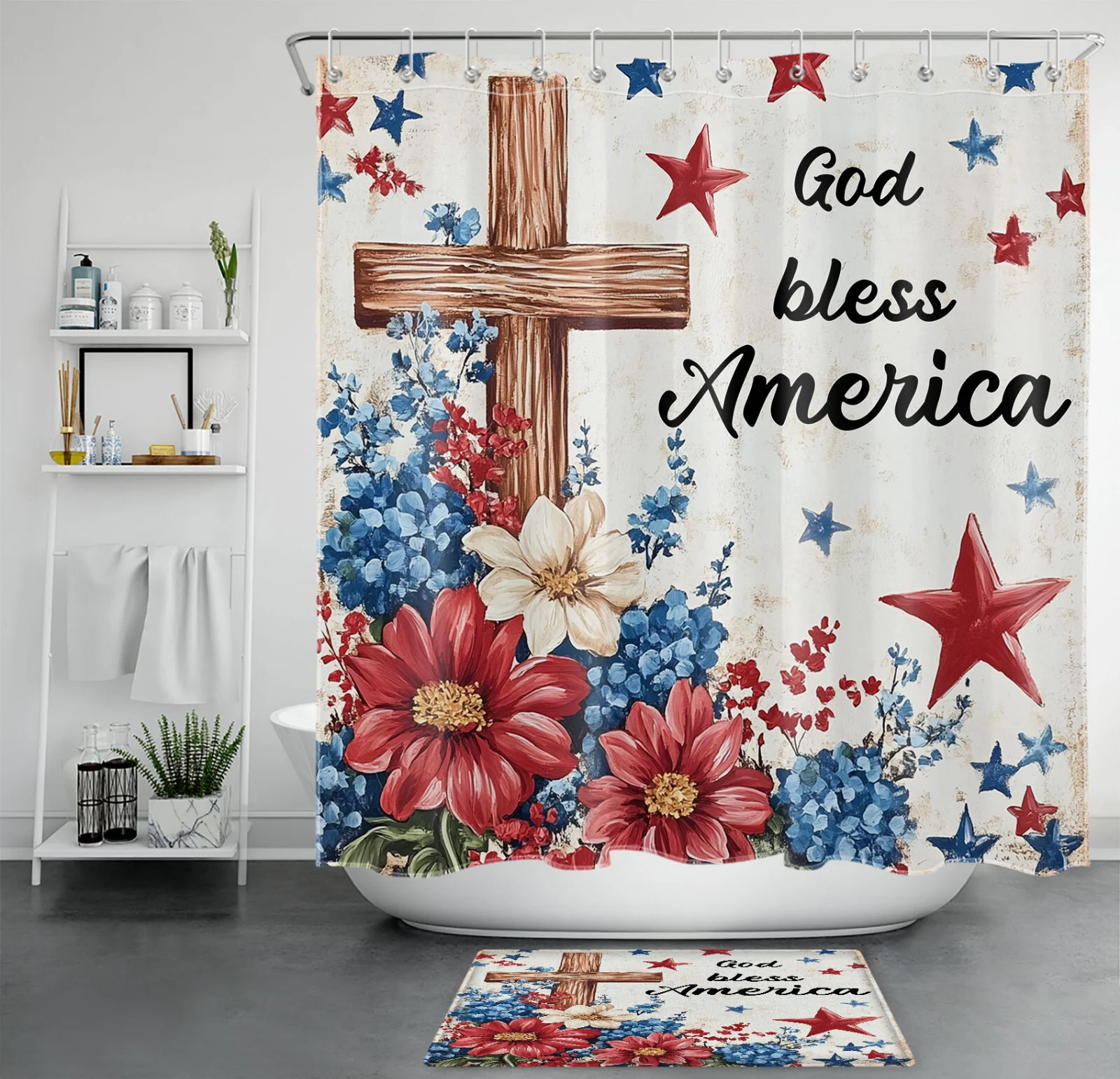 Country Red Flower Patriotic 4th of July Shower Curtain Country Red Flower Patriotic 4th of July Shower Curtain