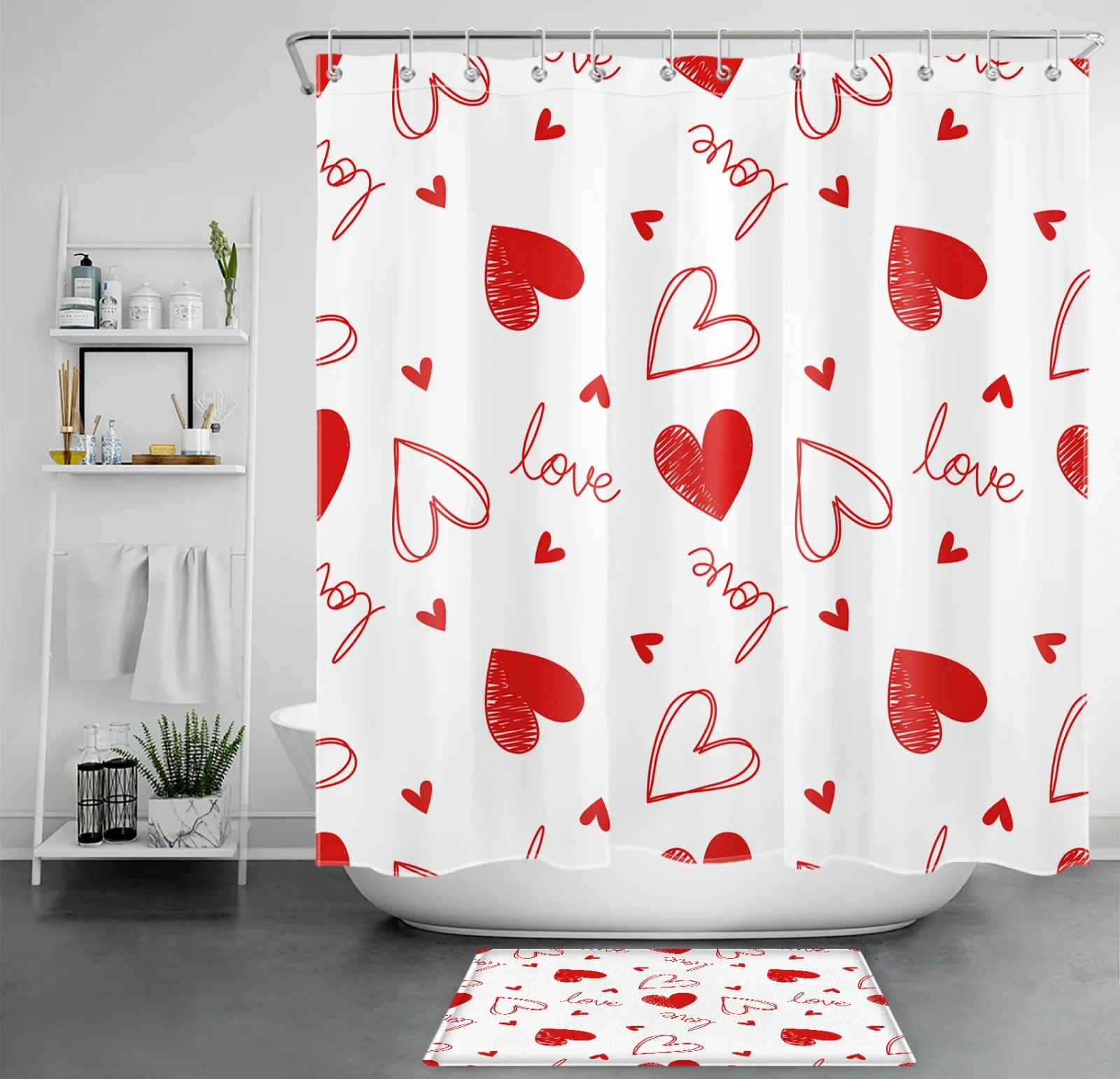 Valentine's Day Red Love Heart on Black Shower Curtain