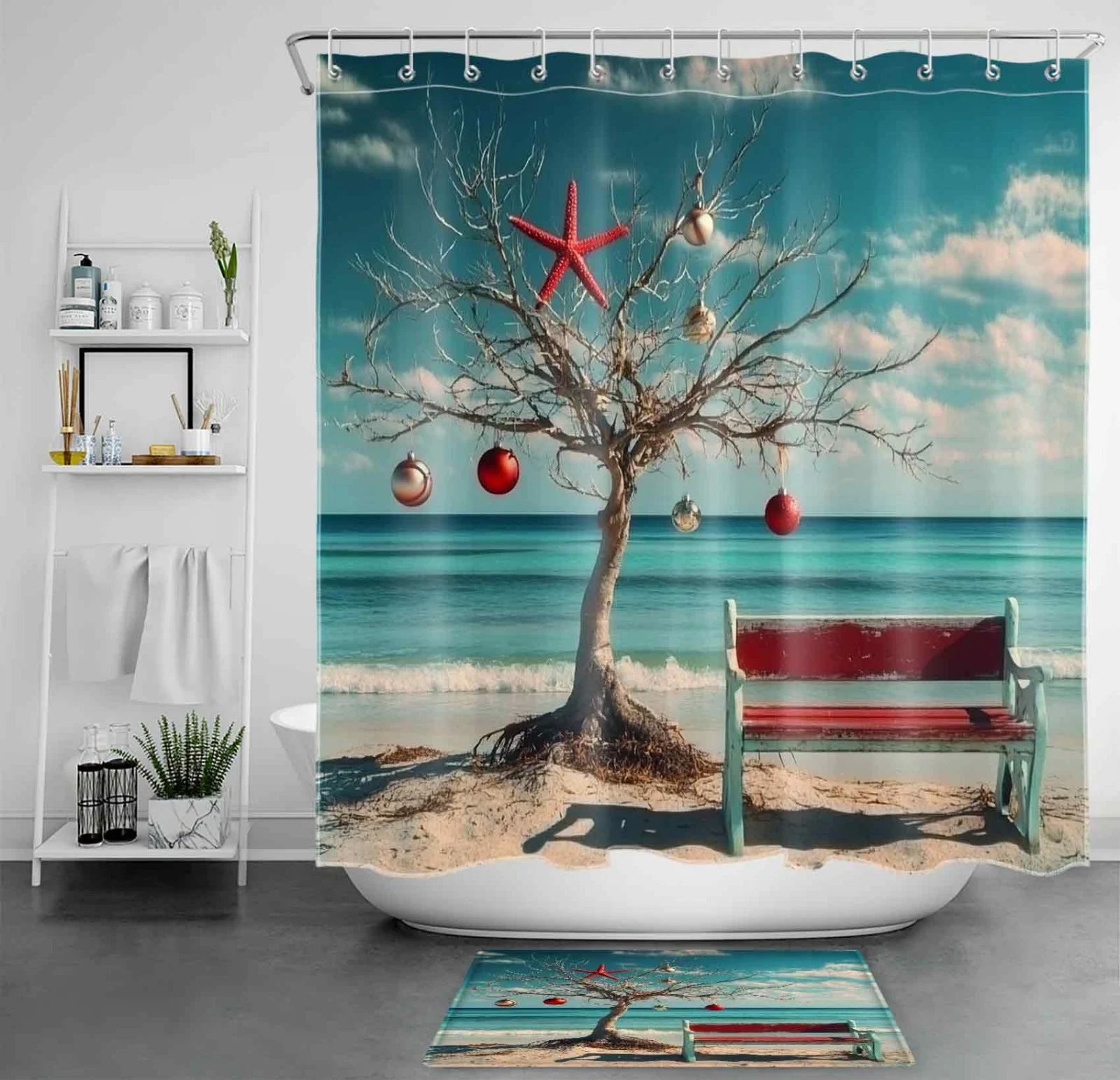 Red Christmas Ball Starfish Beach Coastal Shower Curtain