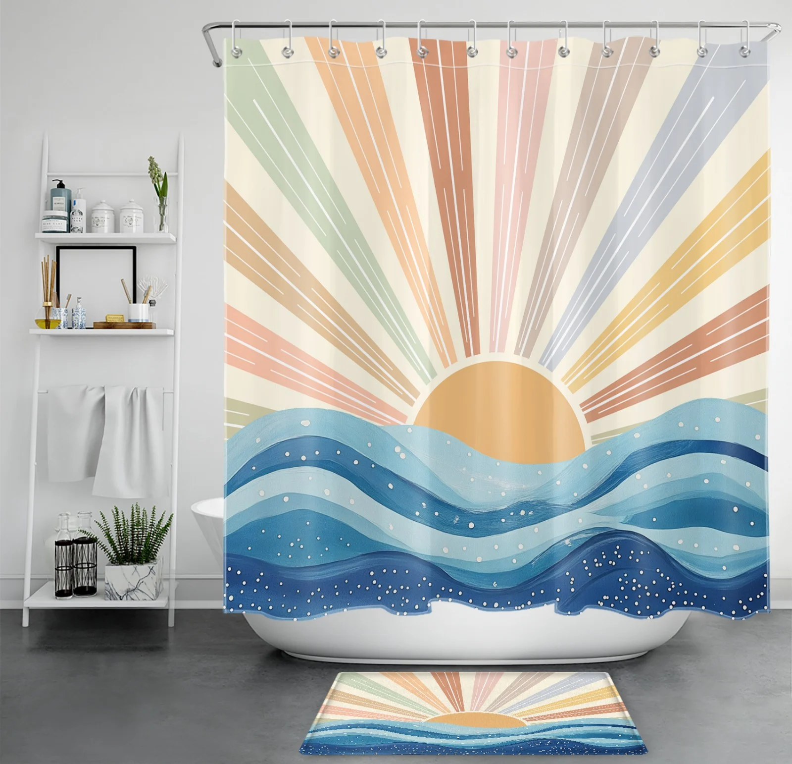 Retro 70s Abstract Boho Rainbow Sun Shower Curtain