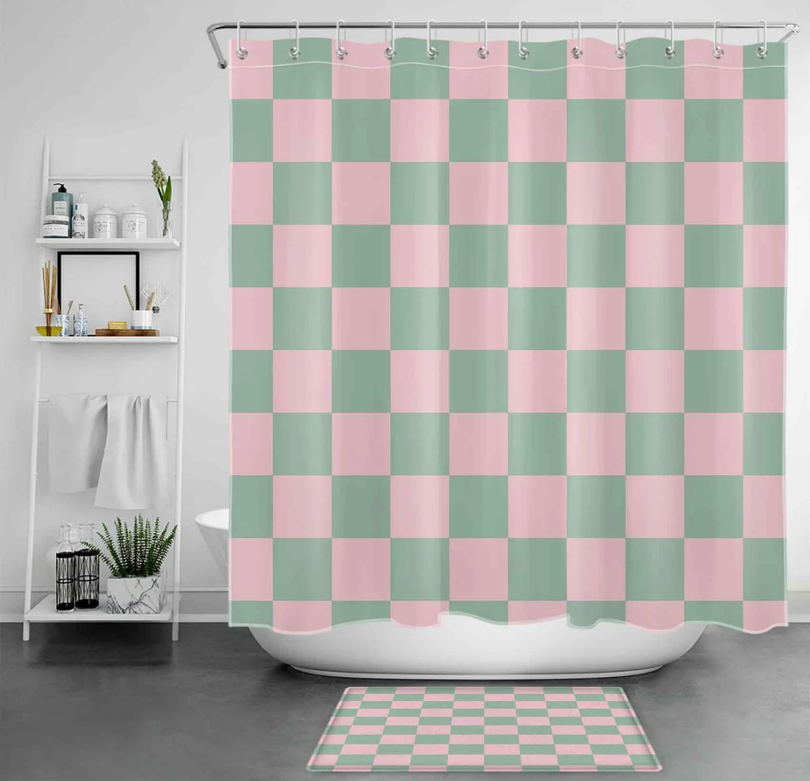 Minimalist Green and Purple Checkered Shower Curtain