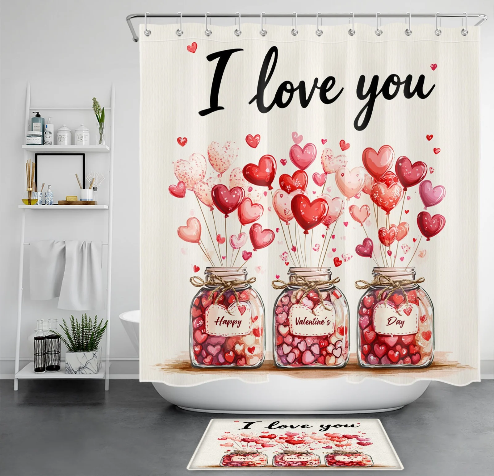 Pastel Heart Striped Pink Valentines Shower Curtain