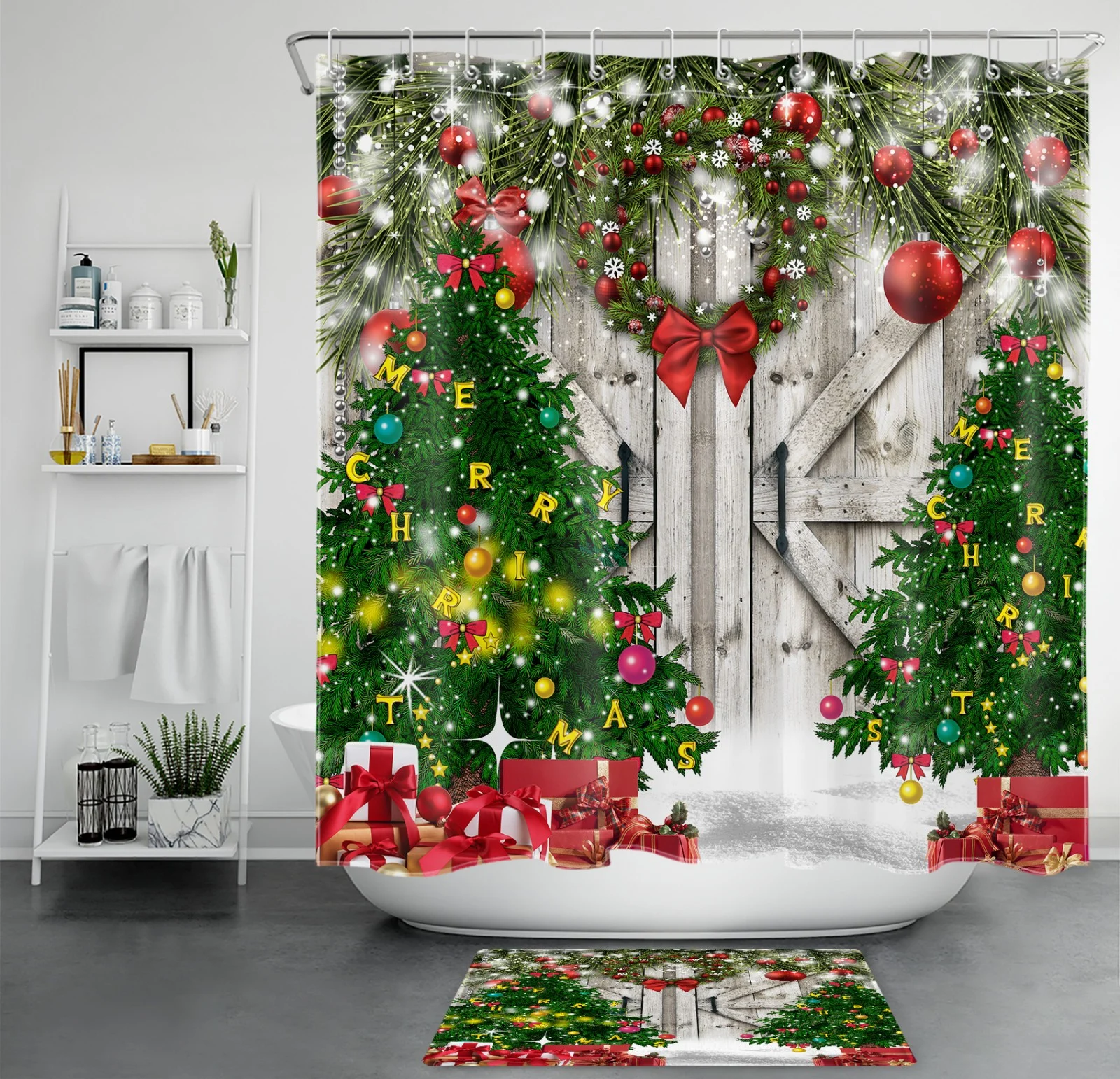 Rustic Barn Door Green Christmas Tree Shower Curtain