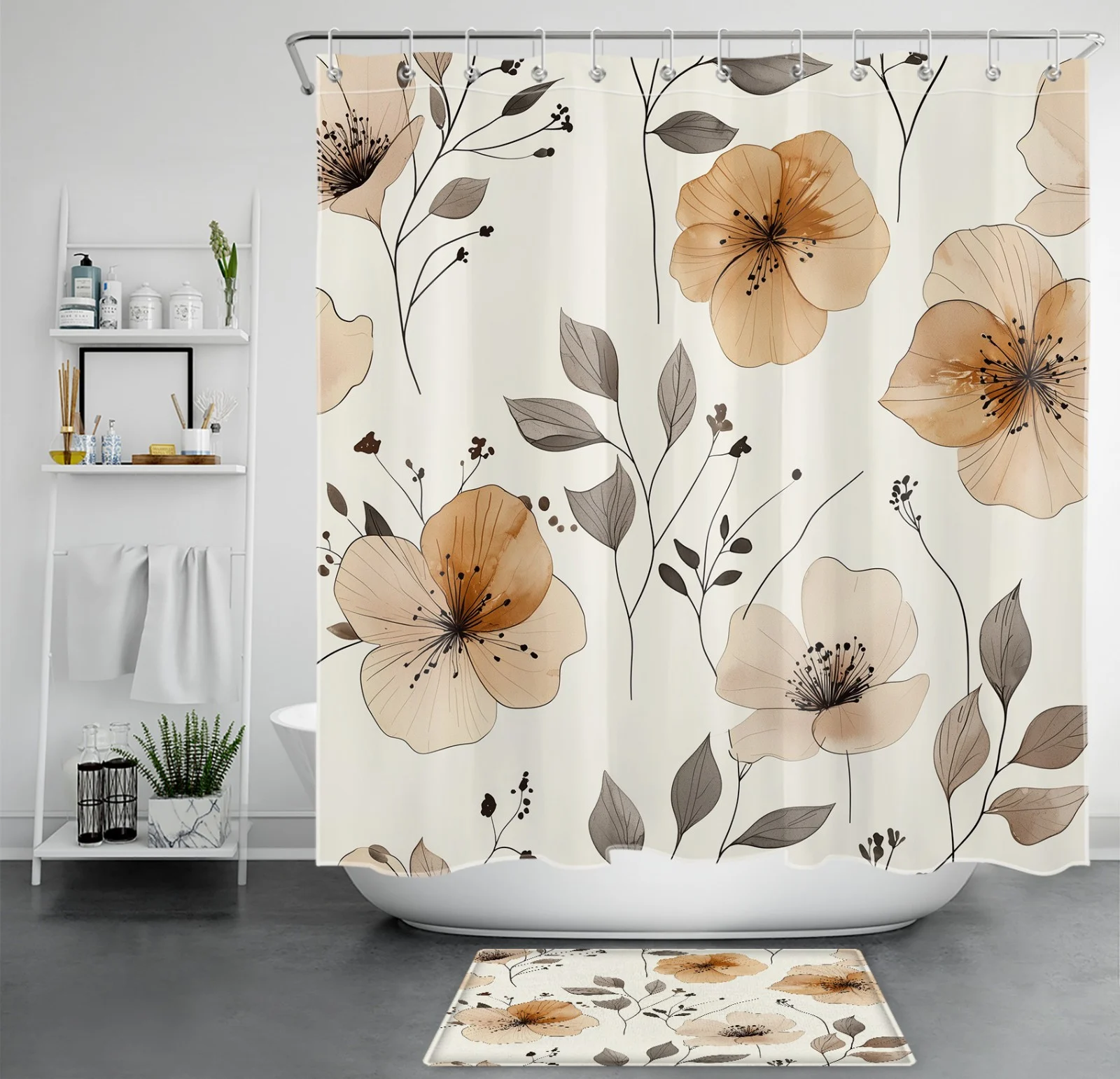 Rustic Botanical Leaf Brown Floral Shower Curtain